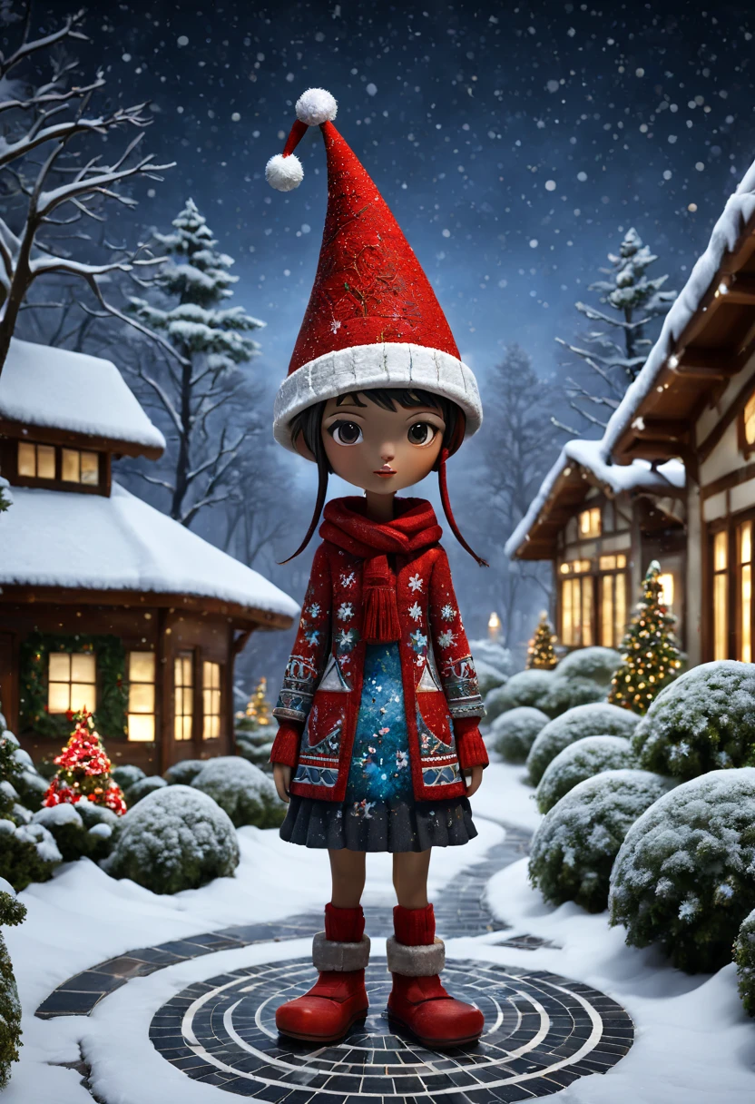 external garden, Mosaic tribal sculpture, flagstone road, the night, red christmas hat， hyper realisitc, mirai, hyper realisitc, winter landscape，[Gentle snowfall]，artistic décor, concept-art, Three-dimensional future, lightand shade contrast, Ray traching, mosaic art, wide wide shot, Best quality at best, A high resolution, Award-Awarded, tmasterpiece, 4K
