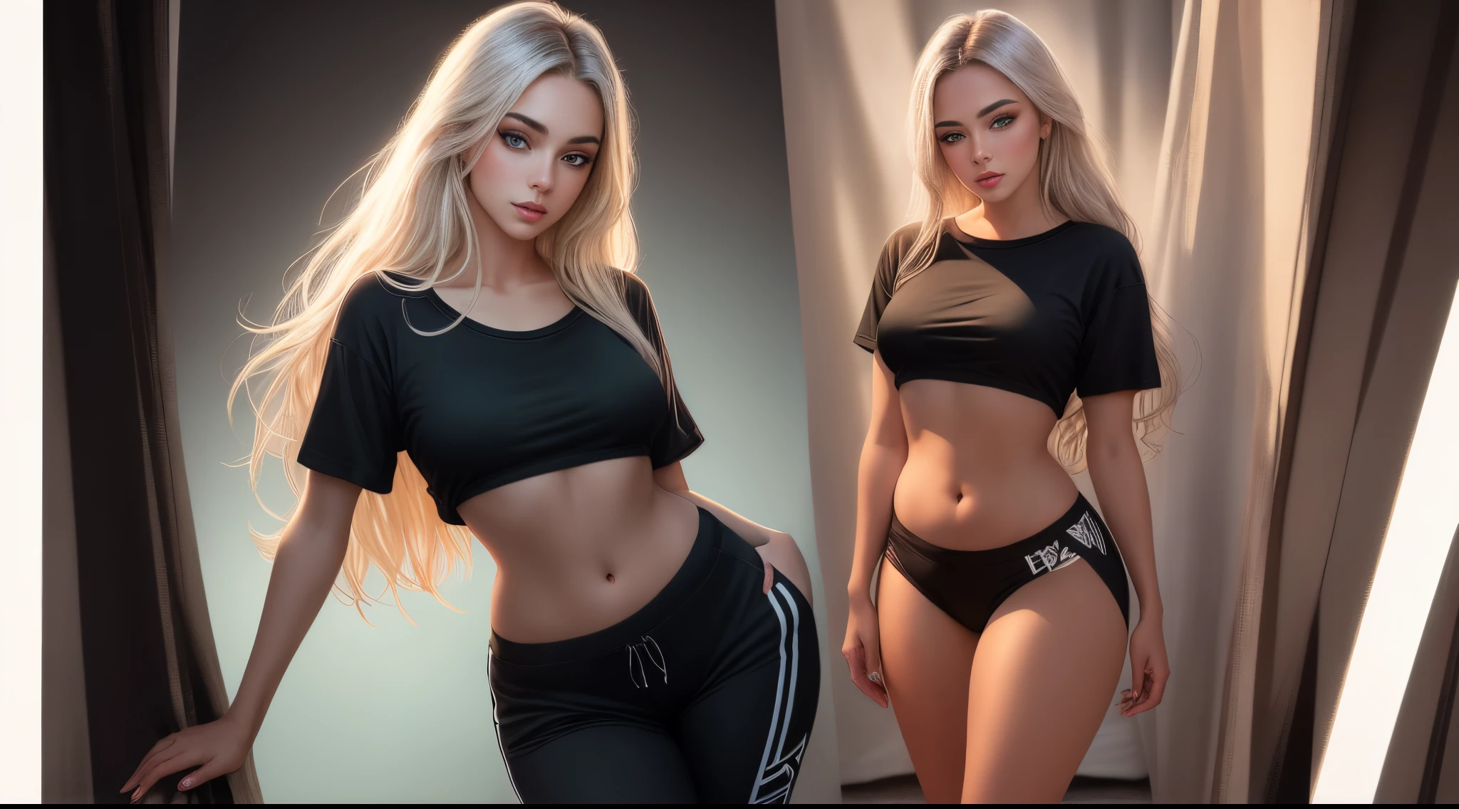 1 girl named Sarah with long blonde gray hair, dyed loose hair, Long hairstyle, perfect detailed face, Detailed symmetrical green eyes with a round iris, Beautiful, Walking and posing, Look at the observer, 19-year-old girl, looks like Madison Beer, extremely detailed face, Model, Realistic, Real life, perfect photorealistic picture, Realistic, , hourglass figure, Stunning realistic photography, Detailed fingers, detailed realistic face, Soft fingers, real human nails, Extremely attractive girl, perfect detailed tan, small eyes, perfectly detailed face with realistic complexion and finely porous skin, small nose, Model, Perfect posture, Natural limbs, long legs, detailed symmetrical eyeballs, symmetric eyes, Realistic eyeballs, Realistic detailed eyes, cute plump closed lips, makeup, no long neck, no long waist, Perfect proportional body, seductive gaze, Looking in the direction of the viewer, Fascinating facial features, ah high, two arms, Two legs, one head, tiny breasts, realistic natural bodies, realistic shadows, Mystical epiphany, 8K, UHD, ((body facing the viewer, Pointing at the camera)), "wide-angle", Full-body shot, full pose, photo studio white background, seduce a little, Cinematic world, Cover photo in the center of Hipereallistic, Stunning full-color, Cinematic, neoprene, behance contest winner, portraite of a, presented at UnsplasH, stylized digital art, Smooth, extra high resolution, Wearing an oversized white T-shirt and black Acronym J36-S sweatpants... (T-shirt only white), black and white sneakers, instagram model, 80mm , Streetwear , Realistic,round ass
