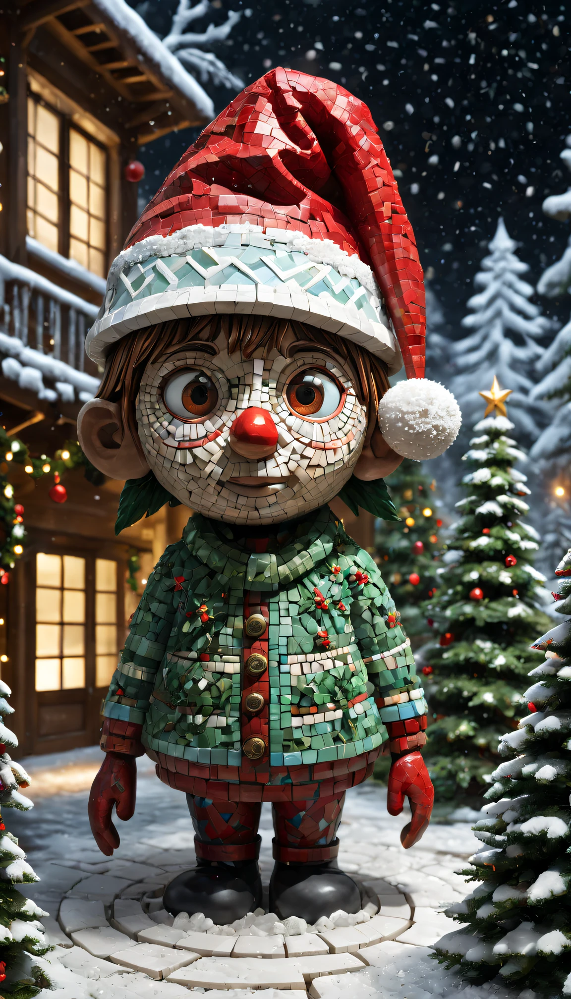 external garden, Mosaic tribal sculpture, flagstone road, natta, red christmas hat， hyper realisitc, [Christmas tree]，mirai, hyper realisitc, winter landscape，[Mild snowfall]，artistic décor, concept-art, 3D future, lightand shade contrast, ray traycing, mosaic art, wide wide shot, Best quality, A high resolution, Award-Awarded, tmasterpiece, 4K