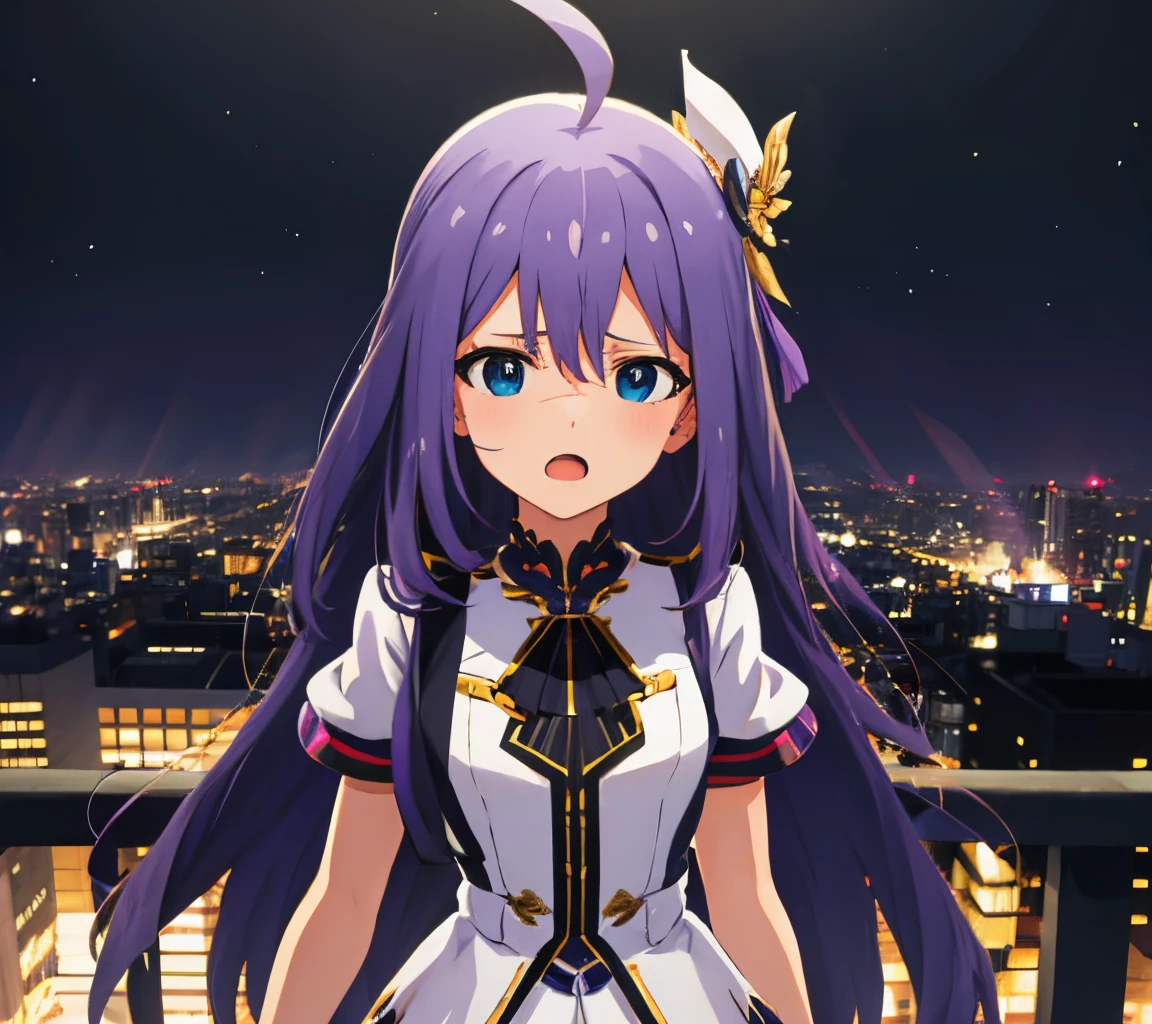 {{{{{mochizuki anna}}}}},1girl,solo,long hair,purple hair,small_ahoge,blue eyes.short stature.skirt.(((masterpiece))).(((best quality))).((ultra-detailed))).(((illustration))).night view.small Breasts.Sad face.up chest.open mouth.idol clothes.beret.White T-shirt.