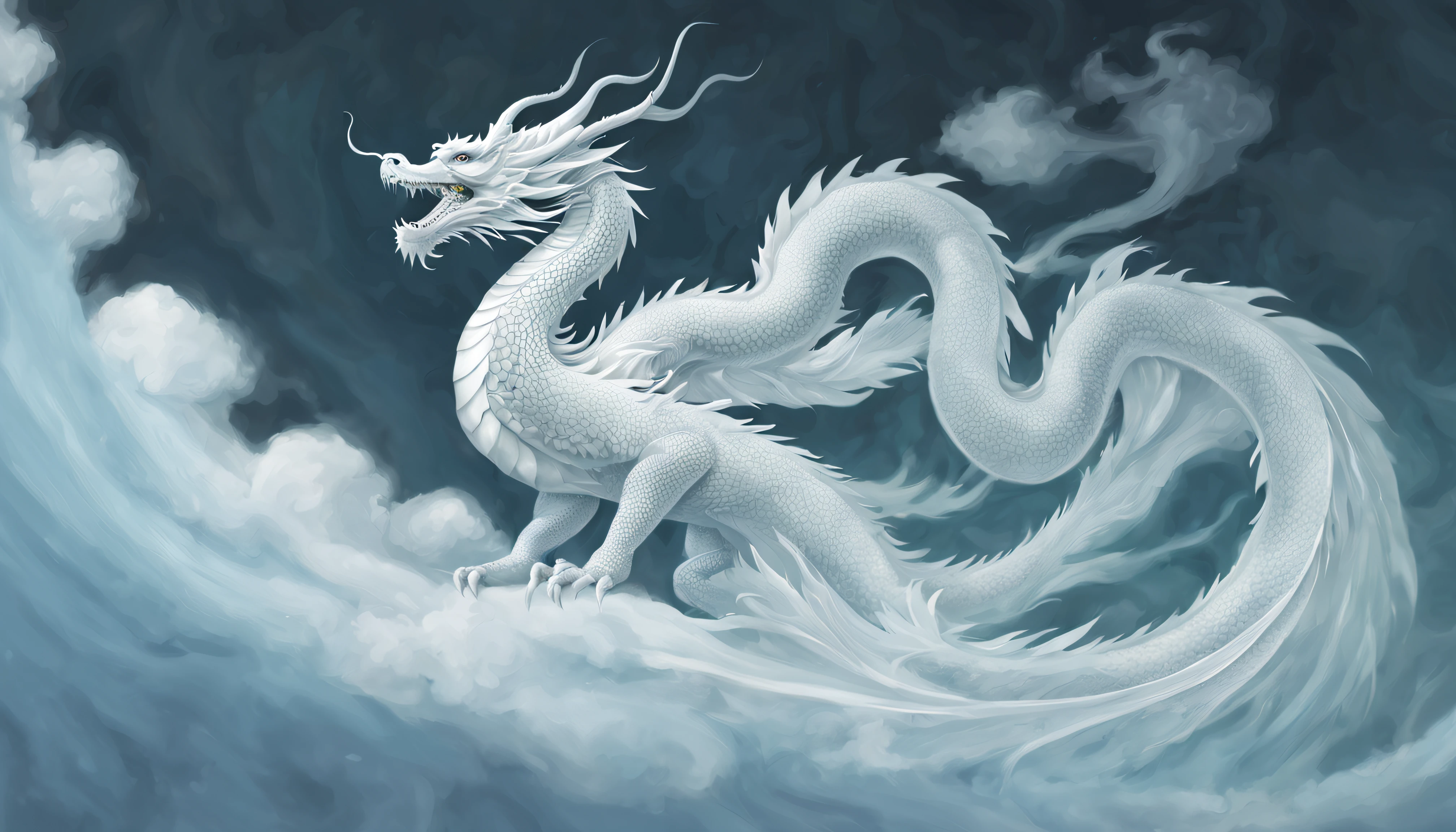 Cute white chinese dragon, Delicate curves, Ethereal negative space art, tranquil ambiance, ultra - detailed, A high resolution, extremly intricate, HighDynamicRange, physically-based renderingt, Delicate scales and texture, ancient and mythical, Mystic aura, Delicate tendrils, Extremely elegant, strong and calm, Dragon scales flash in the light, Intricate patterns, Rotating clouds, mythical creature, Guardians of Mythology,Otherworldly, Traditional calligraphy inspired brush strokes, masterful art, attractive beauty.