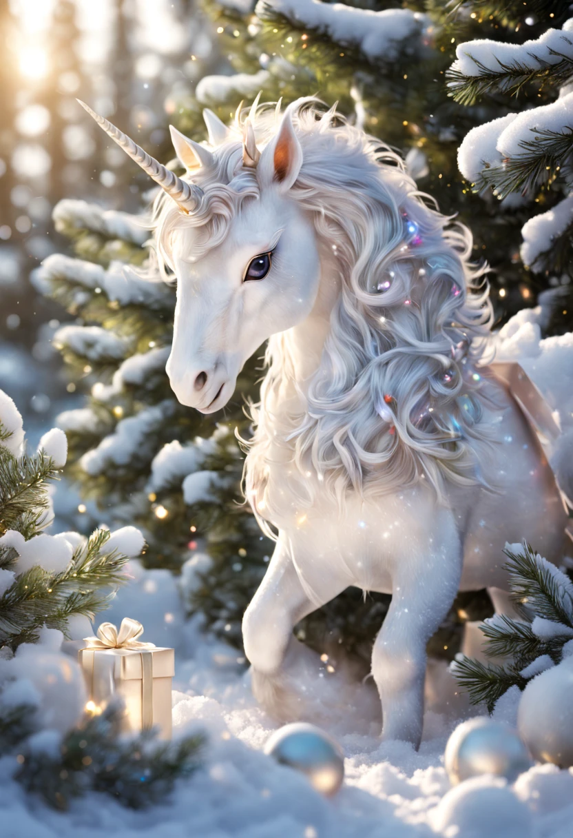 Cute fluffy white (unicorn) peeks out from under a snow-covered elegant pine branch, Christmas balls and gift boxes around in the snow. Christmas atmosphere, Fabulously, is beautiful, Sparkling Snow, Backlight, Hyper-realistic, Airbrush painting of fur, hight resolution, bokeh wide angle frame.