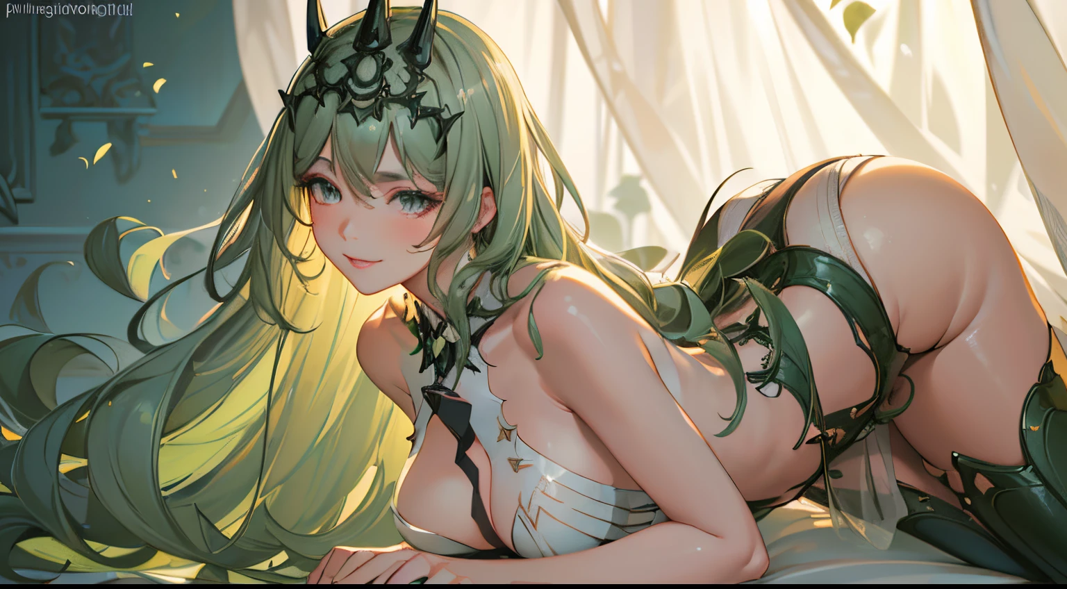 (best quality,4k,8k,highres,masterpiece:1.2),ultra-detailed,(realistic,photorealistic,photo-realistic:1.37), green-haired girl,lingerie,green background,vibrant colors,beautiful detailed eyes,S-curve pose,soft lighting,boudoir style,colorful makeup,shimmering skin,dreamy atmosphere,lush garden,dimly lit room,subtle shadowing,delicate lace,alluring expression,playful glance,bouncy curls,confident stance,plump lips,satin fabric,teasing smile,feminine curves,imaginative setting,intimate mood,flirty atmosphere,ethereal quality,sensual ambiance,luxurious textures,understated elegance