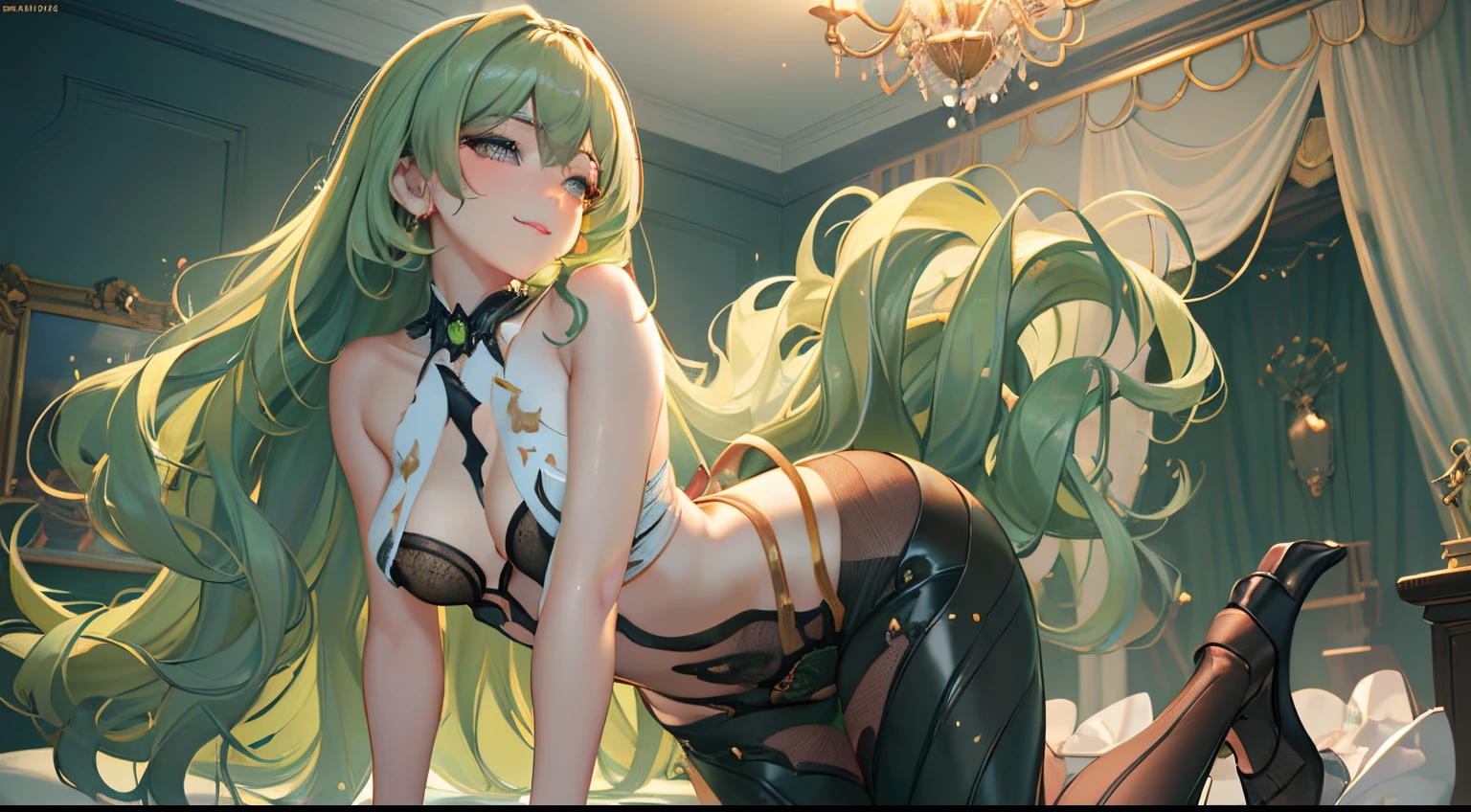 (best quality,4k,8k,highres,masterpiece:1.2),ultra-detailed,(realistic,photorealistic,photo-realistic:1.37), green-haired girl,lingerie,green background,vibrant colors,beautiful detailed eyes,S-curve pose,soft lighting,boudoir style,colorful makeup,shimmering skin,dreamy atmosphere,lush garden,dimly lit room,subtle shadowing,delicate lace,alluring expression,playful glance,bouncy curls,confident stance,plump lips,satin fabric,teasing smile,feminine curves,imaginative setting,intimate mood,flirty atmosphere,ethereal quality,sensual ambiance,luxurious textures,understated elegance