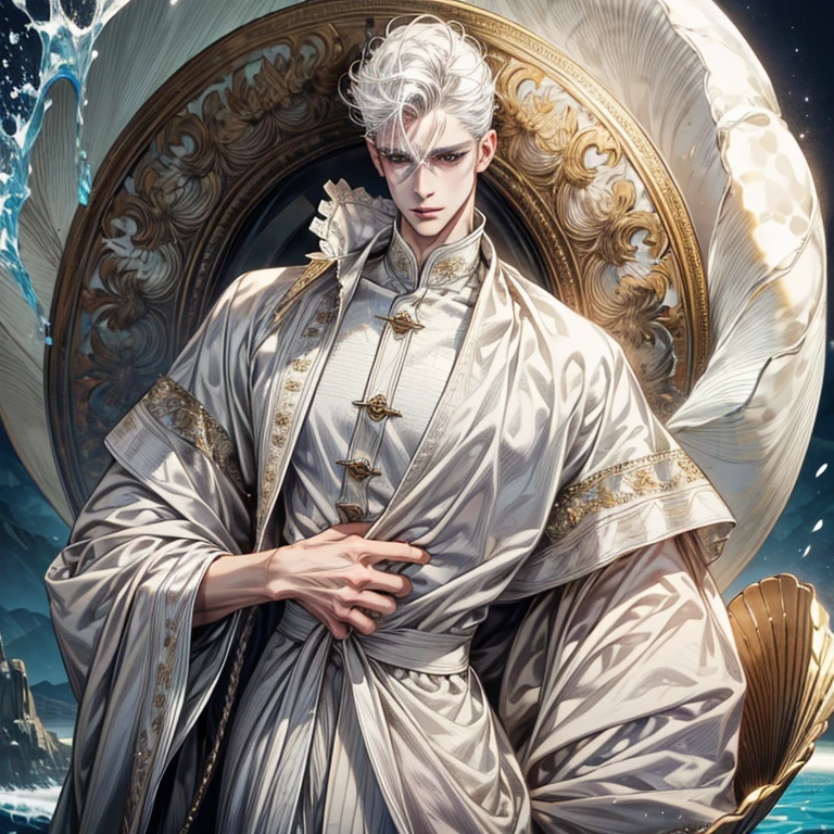 (masterpiece,High quality,Top quality,super detail, best quality ,),1men,handsome Tall body,Face details,Skin details,white clothes,water,Standing in a large shell,holding pearls short white hair,fantasy,Hd