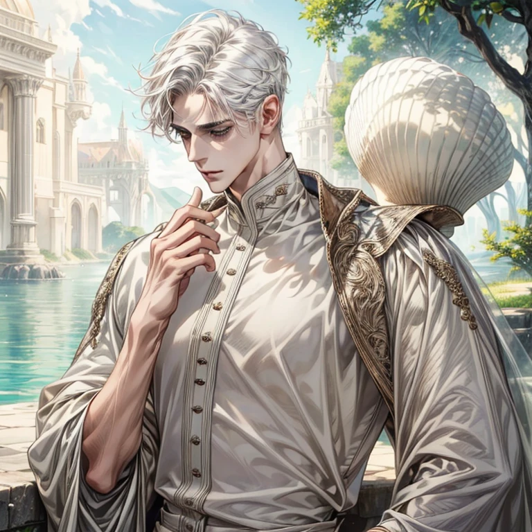(masterpiece,High quality,Top quality,super detail, best quality ,),1men,handsome Tall body,Face details,Skin details,white clothes,water,Standing in a large shell,holding pearls short white hair,fantasy,Hd