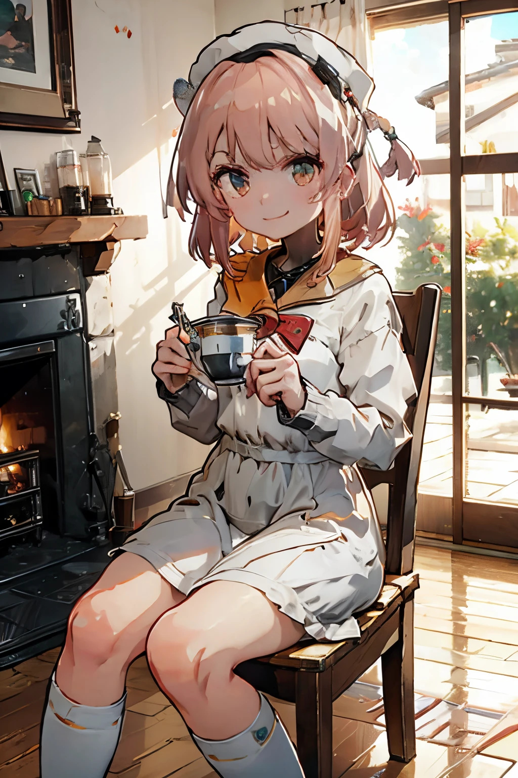 girl wearing christmass dress cotton, smile, cute, white long messy curly hair, red clous hat, red short dress, sexy, sitting inside a cottage in a chair chillin, drinking tea, fireplace, comftly, long black and white stipe socks,3DMM