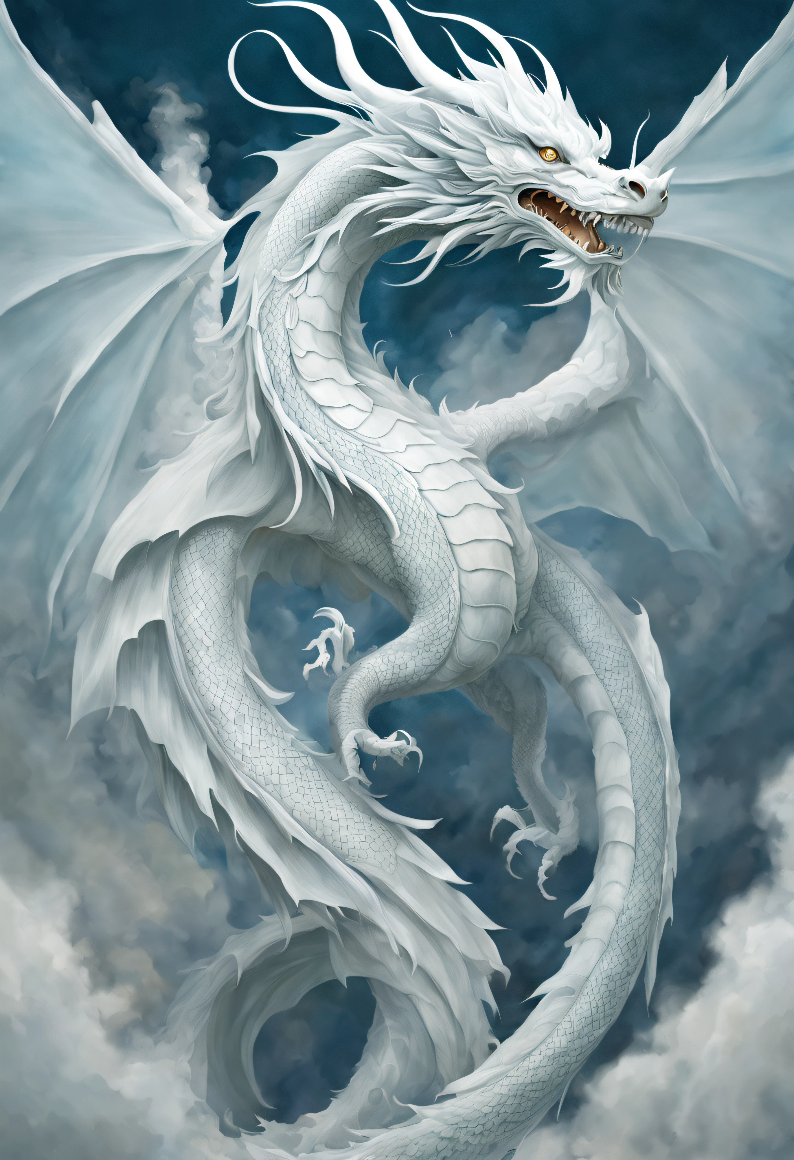 White Chinese dragon, Delicate curves, Ethereal negative space art, tranquil ambiance, ultra - detailed, A high resolution, extremly intricate, HighDynamicRange, physically-based renderingt, Delicate scales and texture, ancient and mythical, Mystic aura, Delicate tendrils, Extremely elegant, The presence of majesty, strong and calm, Dragon scales flash in the light, Intricate patterns, Rotating clouds, mythical creature, Guardians of Mythology, awe-inspiring, Otherworldly, Traditional calligraphy inspired brush strokes, masterful art, attractive beautiful.