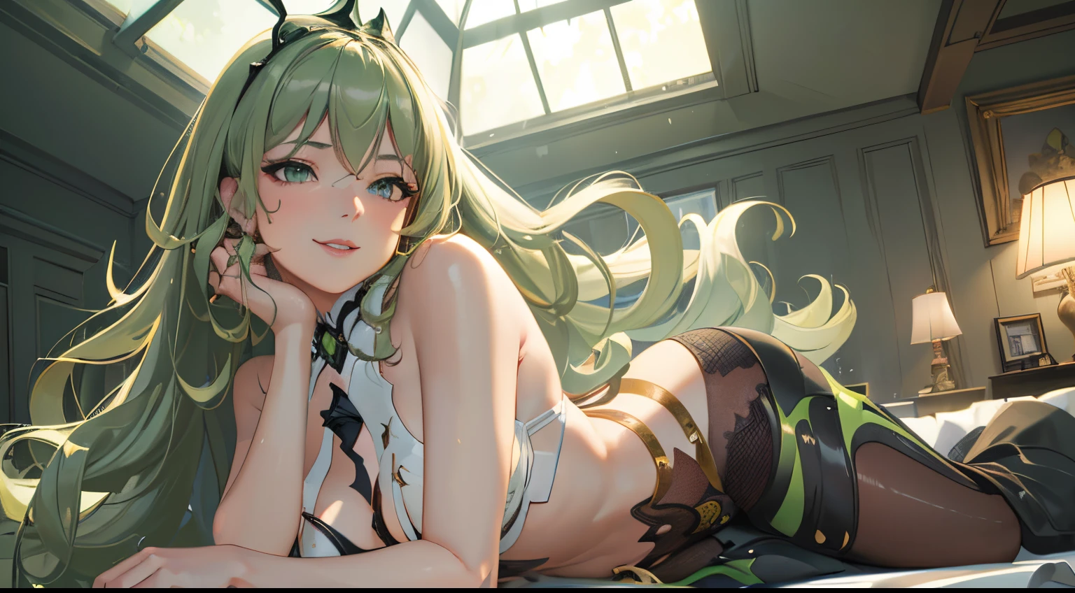 (best quality,4k,8k,highres,masterpiece:1.2),ultra-detailed,(realistic,photorealistic,photo-realistic:1.37), green-haired girl,lingerie,green background,vibrant colors,beautiful detailed eyes,S-curve pose,soft lighting,boudoir style,colorful makeup,shimmering skin,dreamy atmosphere,lush garden,dimly lit room,subtle shadowing,delicate lace,alluring expression,playful glance,bouncy curls,confident stance,plump lips,satin fabric,teasing smile,feminine curves,imaginative setting,intimate mood,flirty atmosphere,ethereal quality,sensual ambiance,luxurious textures,understated elegance