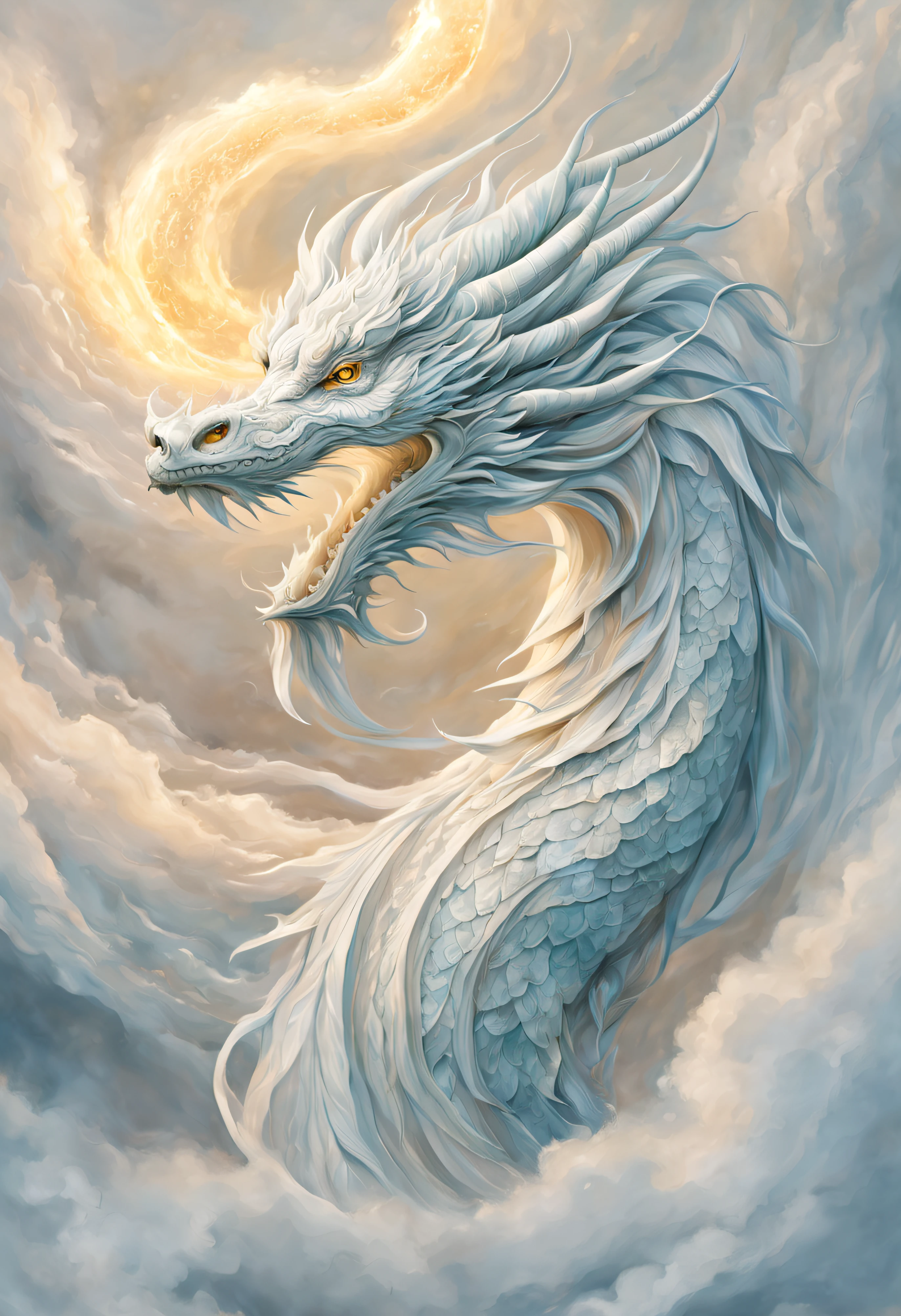 White Chinese dragon, Delicate curves, Ethereal negative space art, tranquil ambiance, ultra - detailed, A high resolution, extremly intricate, HighDynamicRange, physically-based renderingt, Delicate scales and texture, ancient and mythical, Mystic aura, Delicate tendrils, Extremely elegant, The presence of majesty, strong and calm, Dragon scales flash in the light, Intricate patterns, Rotating clouds, mythical creature, Guardians of Mythology, awe-inspiring, Otherworldly, Traditional calligraphy inspired brush strokes, masterful art, attractive beautiful.