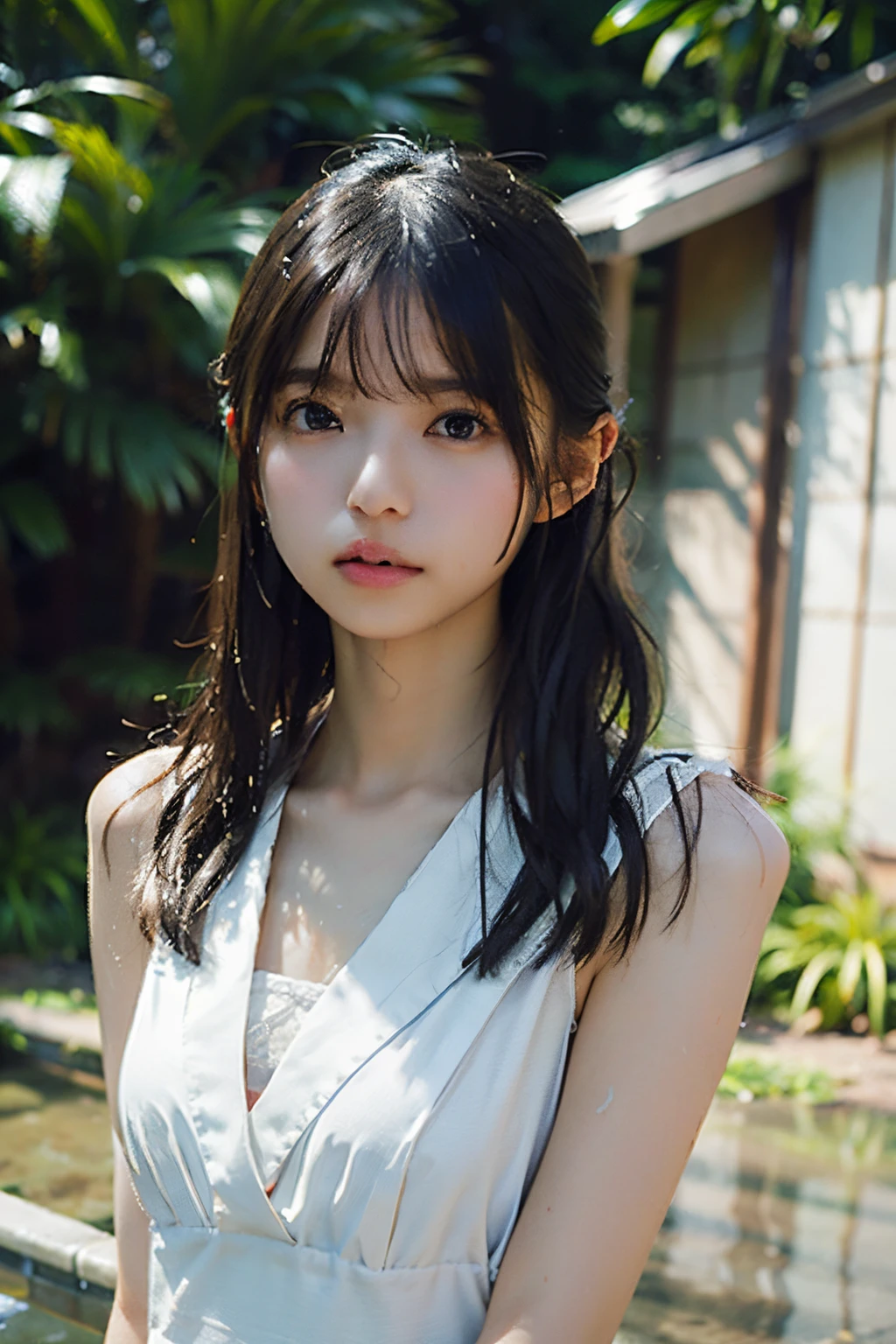 Best Quality, masutepiece, 超A high resolution, (Photorealistic:1.4), Raw photo, 1girl in, Black hair, Shiny skin, Wet body, Soft light, Full body, , 校服, (tiny chest)