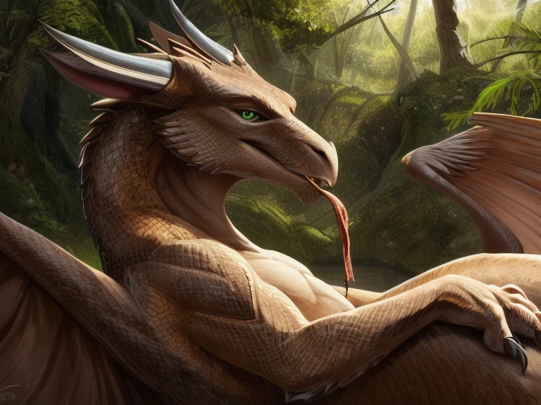 feral, brown dragon, wings, scales, looking at viewer, paws, claws, green eyes, best quality, shaded, extreme detail, highly detailed, ultradetailed, intricate, realistic, detailed background, high res, forest, eating meat, artwork, photorealism, Masterpiece