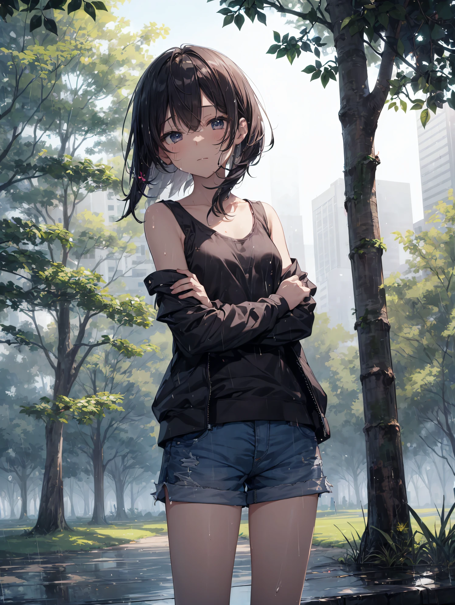best god quality, Ultra-detailed, anime moe art style,Best Anime 8K Konachan Wallpapers,Pixiv Contest Winner,Perfect Anatomy,BREAK,(NSFW,Please draw a picture of a girl wearing transparent clothes soaked in the rain., take shelter in the shade of a tree.:1.3),BREAK,1girl in,kawaii,(Solo,Loli face,11 years old:1.5),a junior high school student, Ponytail,Full limbs,complete fingers,flat chest, Small butt,Androgynous attraction, Small eyes,Beautiful detailed black eyes,groin,(Tank top,Shorts:1.2),Wet,Nipples are visible,rainy, In the park at night,BREAK,High resolution,super detailed skin, Best lighting by professional AI, Illustration,