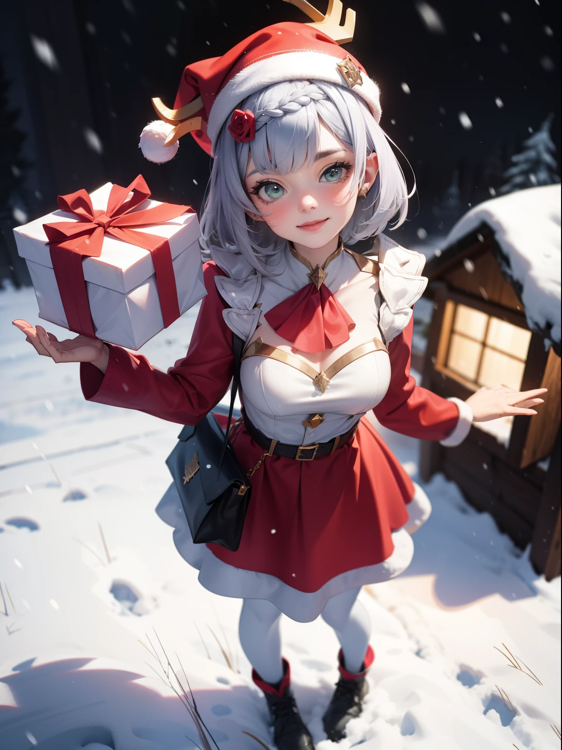 ((Full body+standing up)), noelle, ((wearing a Santa Claus outfit with+holding a gift bag)), She  smiling, looking at the viewer, ((it's snowing+on top of a house roof+with a reindeer sleigh)), Hyperrealism, 16k, best quality, high details, masterpiece, UHD, anatomically correct, textured skin,cartoon ,real