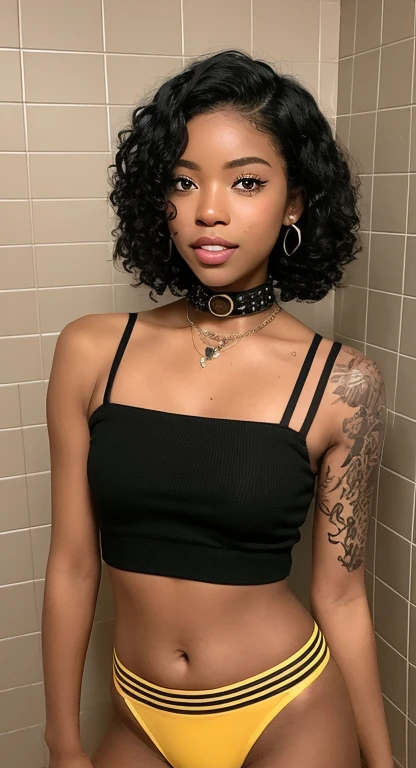 African-American woman with dark skin, about ************, curly short black hair, hips, in a yellow crop top or underwear, with tattoos on her arms, illustration, detailed eyes, detailed lips, a collar with spikes on her neck, expressive face, confident smile, tattoos on her arms, curly eyelashes, bright colors, girl Standing in the bathroom