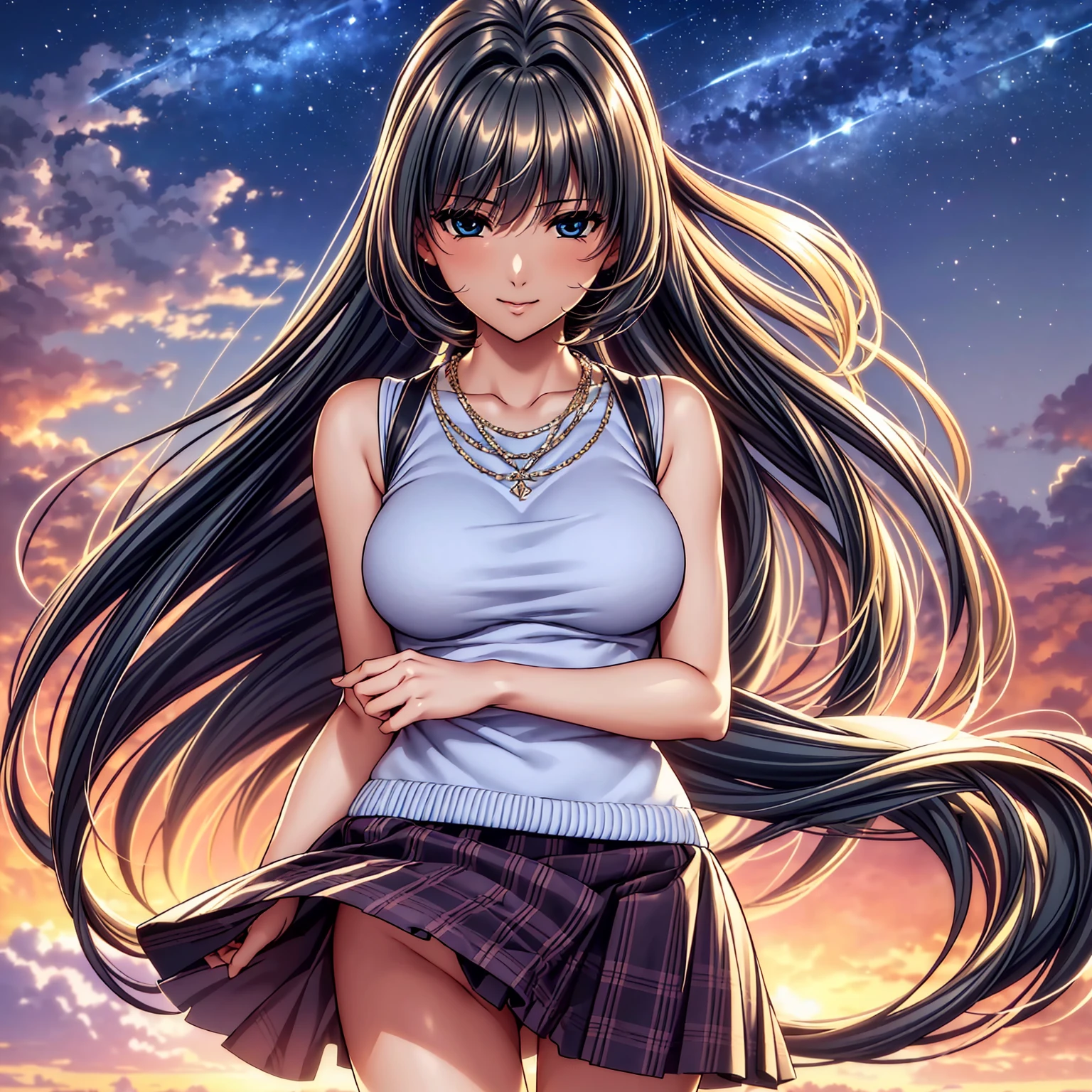 (top quality picture、masterpiece level、very high res、超A high resolution,High quality detailing)、(A 20-year-old beauty with perfect and ultimate beauty..,beautiful breasts and figure,Beautiful body,美丽的面容,Strong-willed eyes:1.5)、(There are many variations of hairstyles,Bangs are neatly arranged,long straight hair on the side,Beautiful hair:1.2),lifelike textures,Beautiful colors,(Wear colored sleeveless knits,Diamond necklace,Wearing a colored plaid pleated skirt),Have a bright smile,line of sight,Mouth opens,The wind is blowing(The wind blows and my skirt flaps,Hair flutters under the influence of the wind:1.2),the beautiful night sky,Night city,Streetlights come on,A large bridge crosses,Beautiful Landscapes,(The whole body,thigh visible,accurate anatomy、extremely detailed picture、Accurate images、Perfect Image 1.5)、beautiful anime woman, Beautiful Art Style, an animated character、(The whole picture、Detailed picture、Defect-free images、natural soft light、beautiful image),(Best Shot 1.2)
