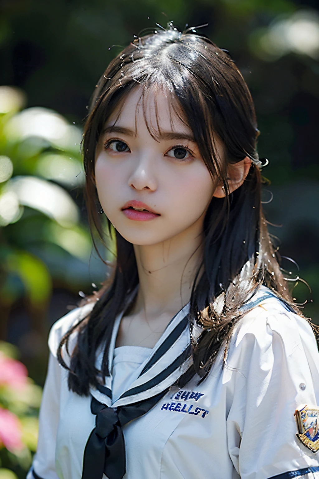 Best Quality, masutepiece, 超A high resolution, (Photorealistic:1.4), Raw photo, 1girl in, Black hair, Shiny skin, Wet body, Soft light, Full body, high-school uniform, (tiny chest),hi-school girl,goat