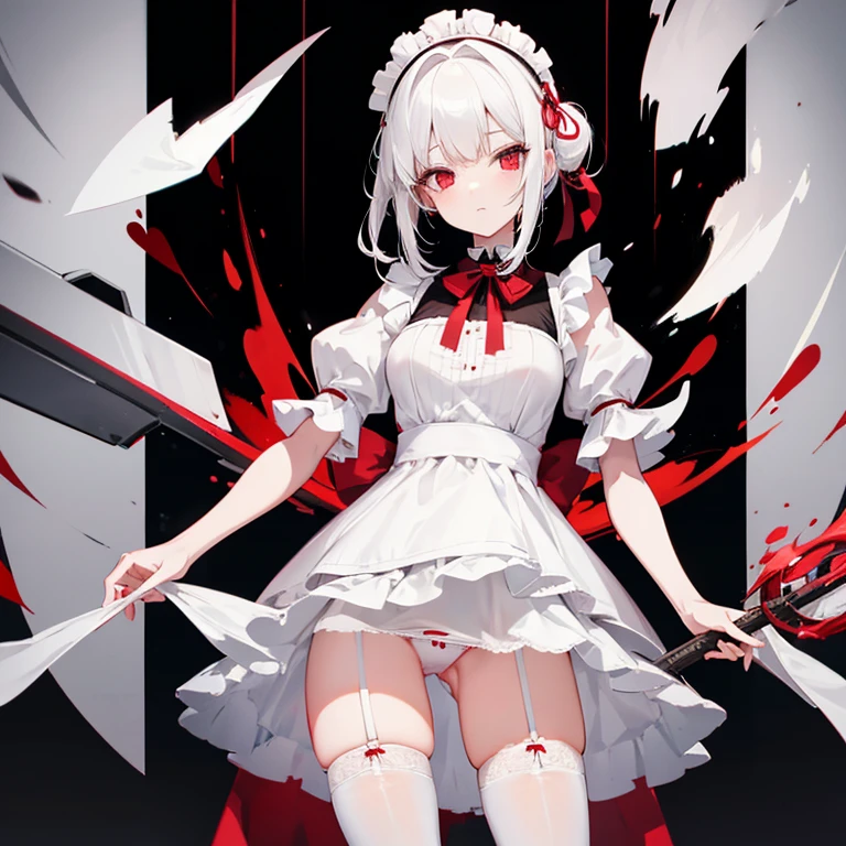 A white-haired, red-eyed woman in a maid outfit wearing panty shots