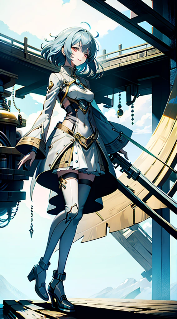 Mechanical Girl, Pretty Face, Height about 160cm, well-styled, Soar into the air, A smile, Holding a gun