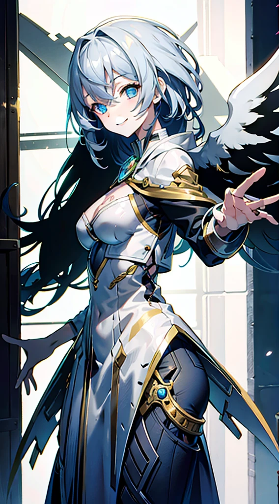 Mechanical Girl, Pretty Face, Height about 160cm, well-styled, Soar into the air, A smile, Holding a gun