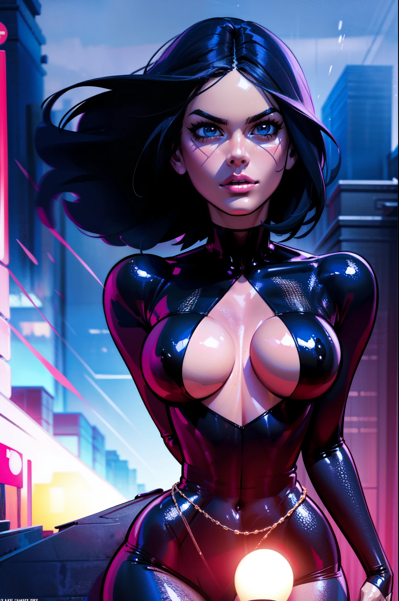 raven solo, gothgirl, with arms crossed looking straight ahead,anime, vibrant colors, dark and mysterious aesthetic, dramatic lighting