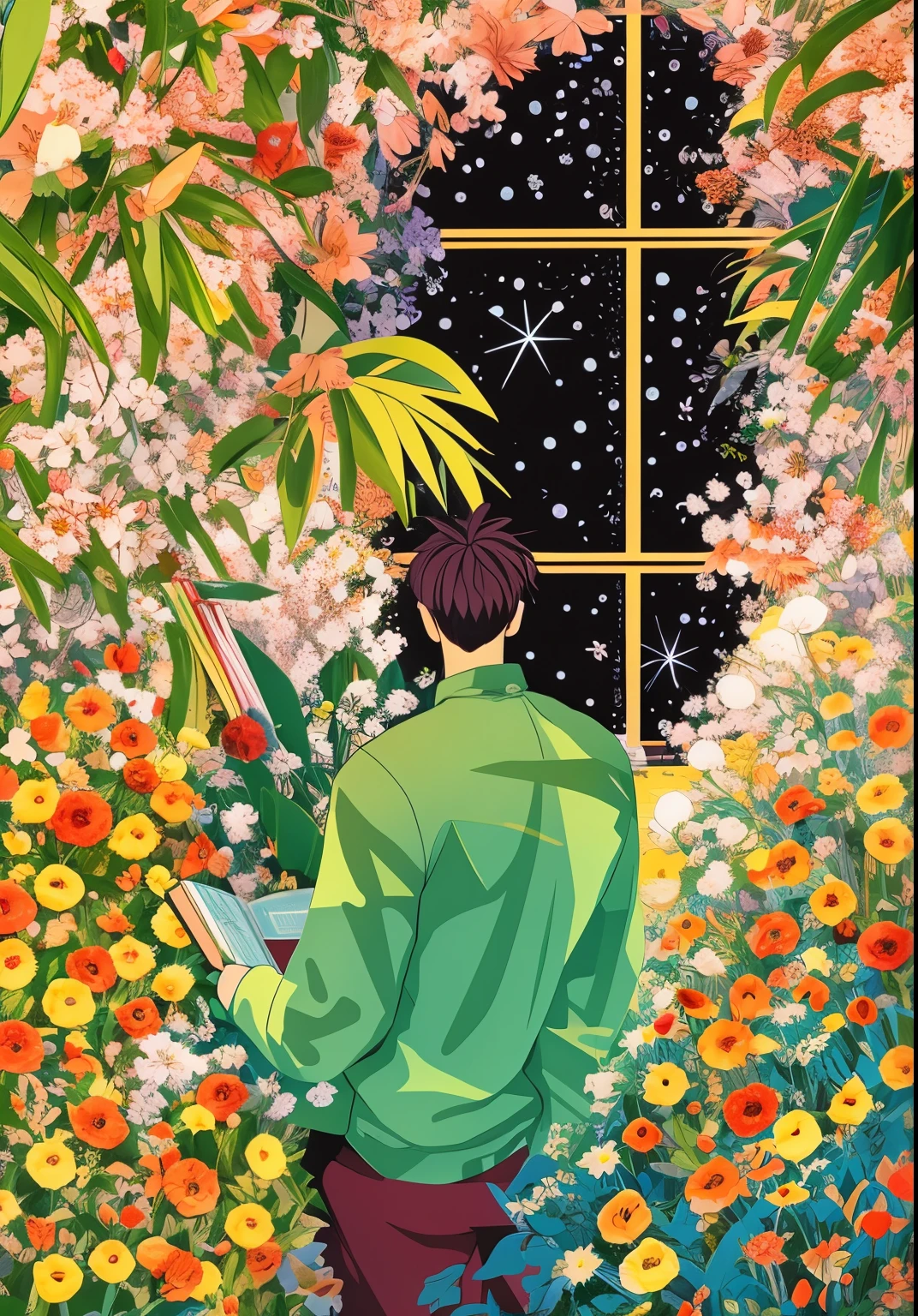 homem arafiado lendo um livro em um jardim com flores, sentado com flores, Inspirado em Jeonseok Lee, dreamy illustration, Elogio Artstyle, Arte Lofi, beautiful aesthetic art, anime aesthetic, lofi aesthetic, dreamy aesthetics, Directed by: Jin Nong, Lofi Sensation, arte lo-fi, lo-fi illustration style, por Sim Sa-jeong