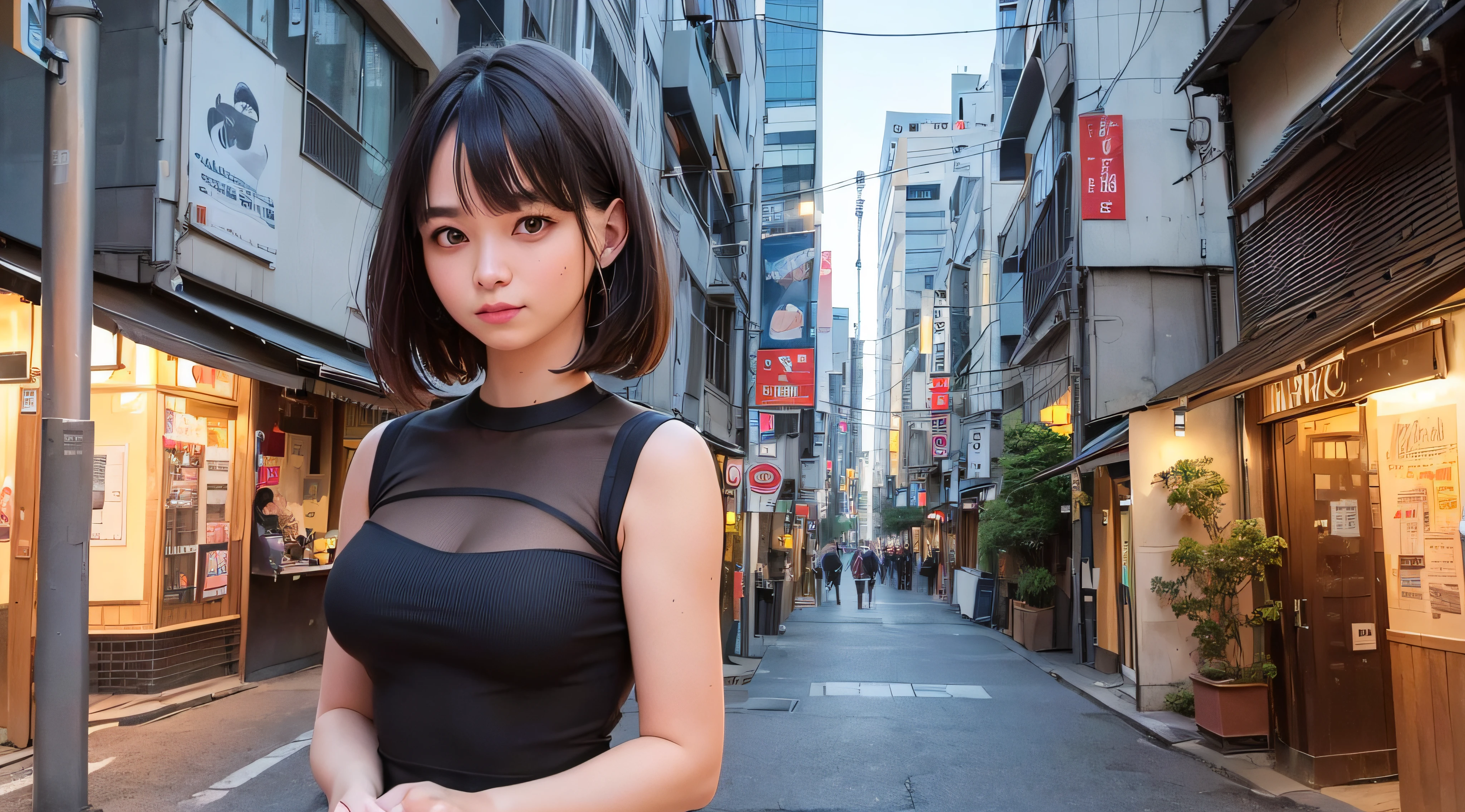(8k, Foto RAW, best quality, mastery:1.3),(Realistic,photo-realistic:1.37),(Noite),(Olhando para o Visualizador:1.331),(cabelos brancos),Posando,Tokyo street,Paisagem noturna da cidade,CIDADE CYBERPUNK,luz suave, 1girl, rosto extremamente bonito, perfect body proportions, focal length, busto, penteado casual, sorrir, olhos grandes, (mangas curtas JK_camisa), JK_Estilo, (Marinha JK_saia), (arco JK_amarrar), mistura4, Olhos detalhados