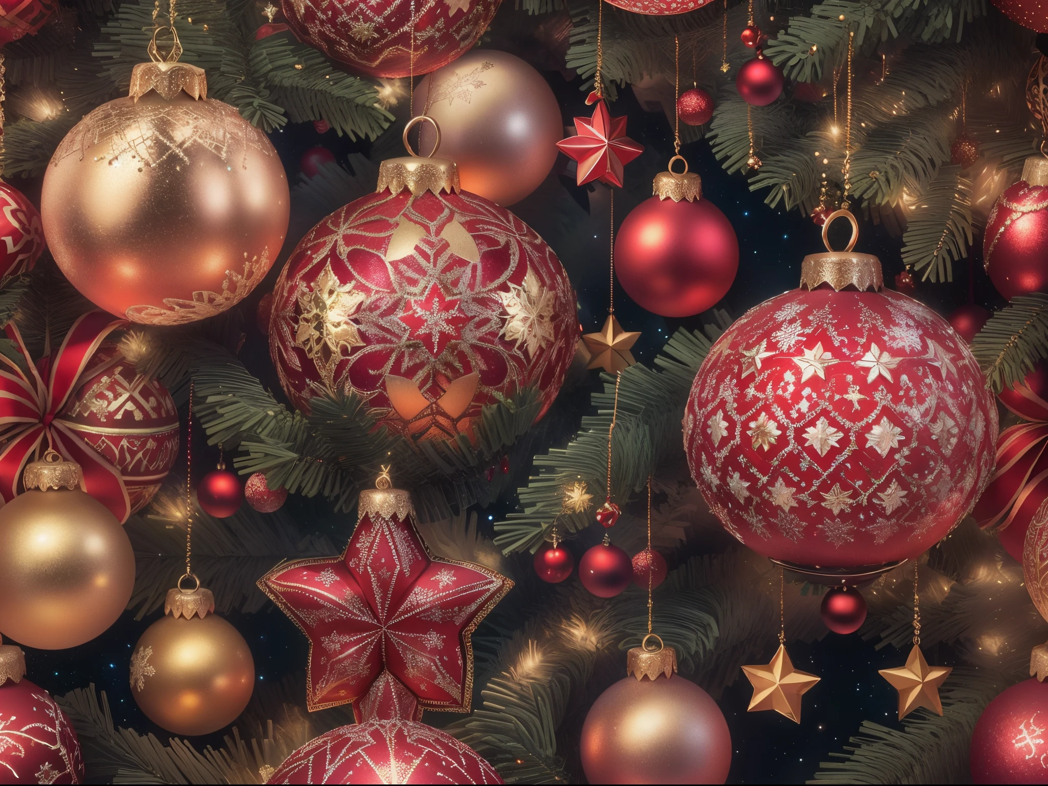 Many Christmas decorations hanging on the Christmas tree, Decorative style, Decorative ornaments, There are many small decorations, starlights。detailed ornaments, Intricate ornaments, decorative, Super detailed decoration, 8K details, 8K details, Sparkling décor, 8K detail post-processing