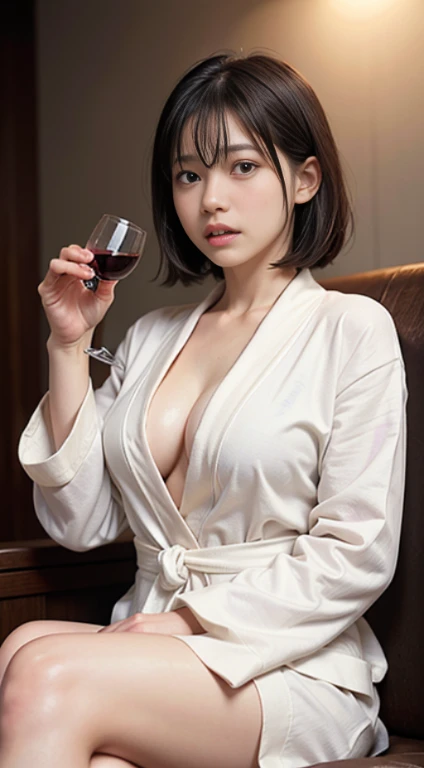 (masutepiece, Best Quality:1.4), Beautiful face, 8K, 85 mm, absurderes, ((Dark bedroom in the hotel))、(Wearing a thick white bathrobe:1.4), ((cowboy shot:1.5))、((Shot from below:1.4))、((udder of medium size:1.4))、violaceaess, gardeniass, Delicate girl, Solo,(((Layered Haircut:1.5)))、((sitting in the couch:1.4))、((drinking wine:1.4))、Night, Looking at Viewer, Upper body, Film grain, chromatic abberation, Sharp Focus, face lights, Professional Lighting, Sophisticated, (terrified expression、shout:1.4), (Bokeh background:1.2), Detail Face、