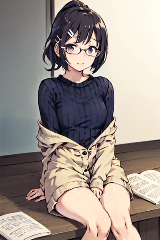 masterpiece, top-quality, One lady, Japan people in their 20s, a smile, (A dark-haired, Short Bob Hair, Strengthen curly hair and waves, Shorthair, With bangs, Gather your hair in a ponytail, attach hairpins to bangs), (thick eyebrow, draw thick eyebrows), (drooing eyes, Blue eyes, Blue eyes), Small nose, Thicker lips, (Rimless glasses, Small glasses, glasses for women), a smile, Wheat-toned skin, and draw the full body, dynamic sitting pose, (Looking at the camera, Front of camera, Look at viewers, Front attitude, Turn your face to the viewer, face forwards).