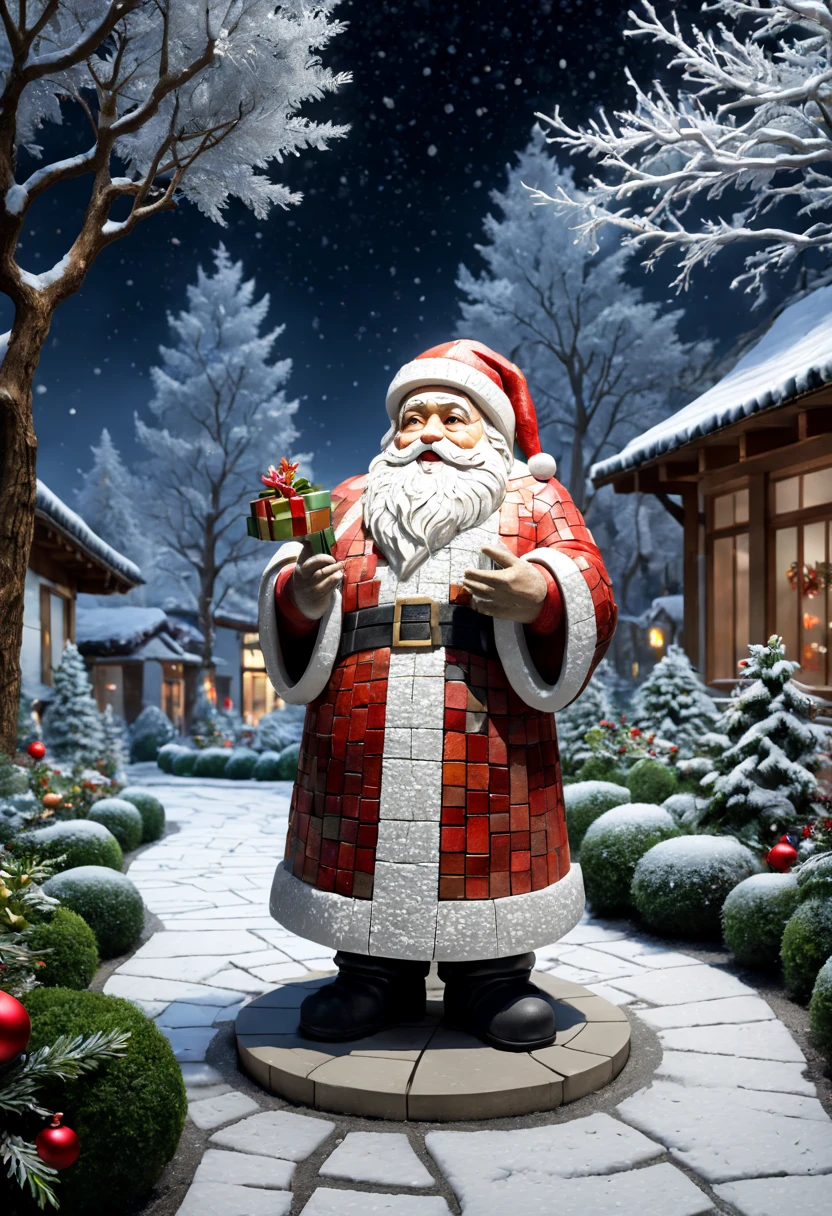 external garden, Mosaic Santa Sculpture, flagstone road, the night,  hyper realisitc, mirai, hyper realisitc, winter landscape，[Gentle snowfall]，artistic décor, concept-art, Three-dimensional future, lightand shade contrast, Ray traching, mosaic art, wide wide shot, Best quality at best, A high resolution, Award-Awarded, tmasterpiece, 4K