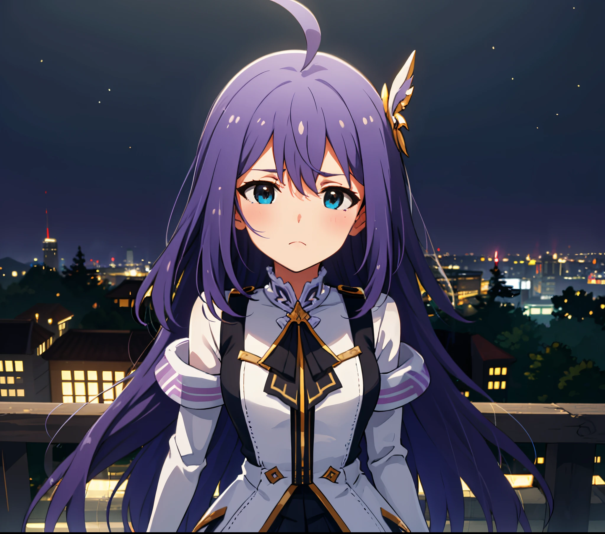 {{{{{mochizuki anna}}}}},1girl,solo,long hair,purple hair,small_ahoge,blue eyes.short stature.idol clothes.skirt.(((masterpiece))).(((best quality))).((ultra-detailed))).(((illustration))).night view.small Breasts.Sad face.up chest