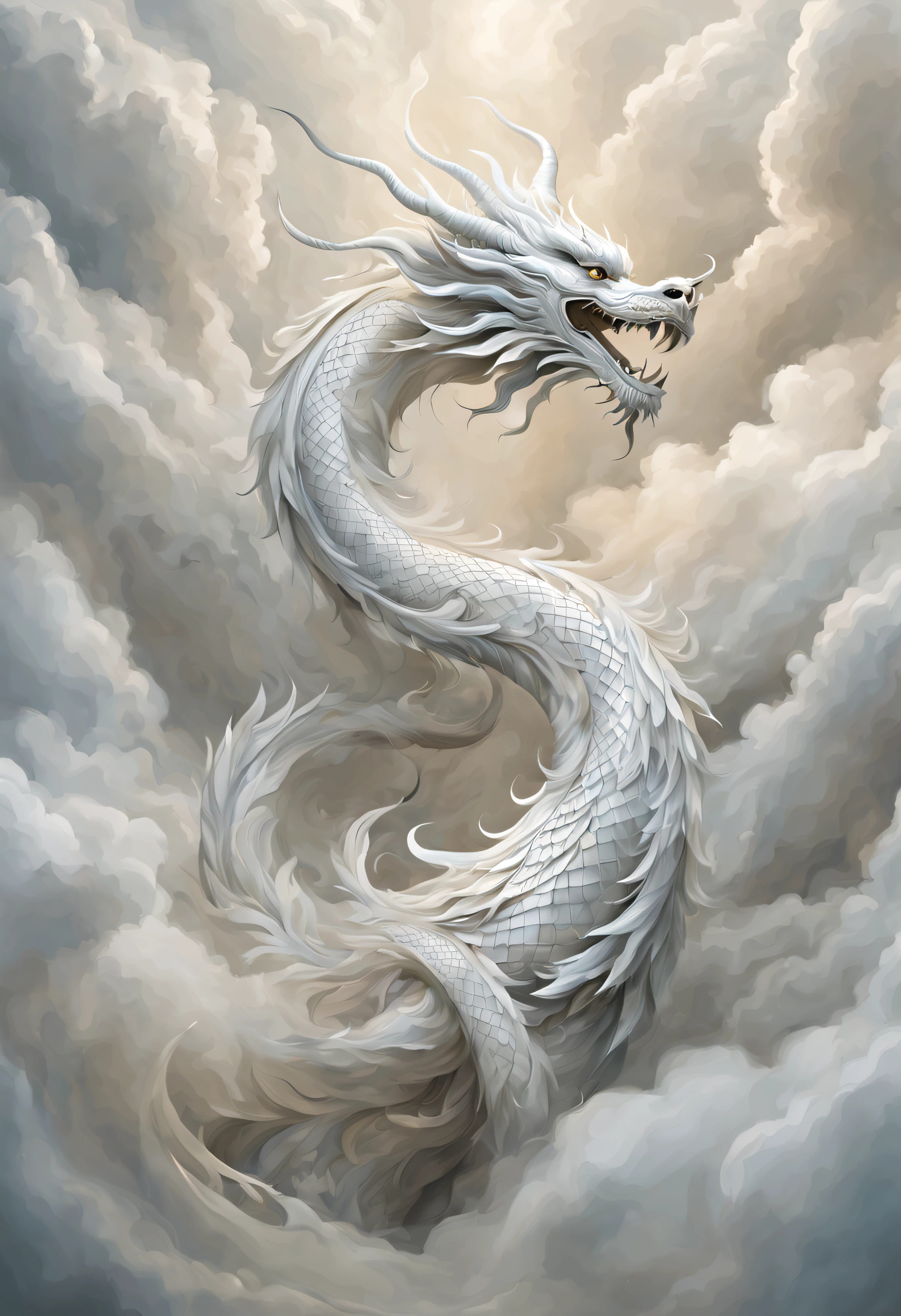 White Chinese dragon, delicate curves, Ethereal negative space art, tranquil ambiance, ultra - detailed, A high resolution, extremly intricate, HighDynamicRange, physically-based renderingt, Delicate scales and texture, ancient and mythical, Mystic aura, Delicate tendrils, Extremely elegant, The presence of majesty, strong yet calm, Dragon scales flash in the light, Intricate patterns, Rotating clouds, mythical creature, Guardians of Mythology, awe-inspiring, Otherworldly, Traditional calligraphy inspired brush strokes, masterful art, attractive beauty.