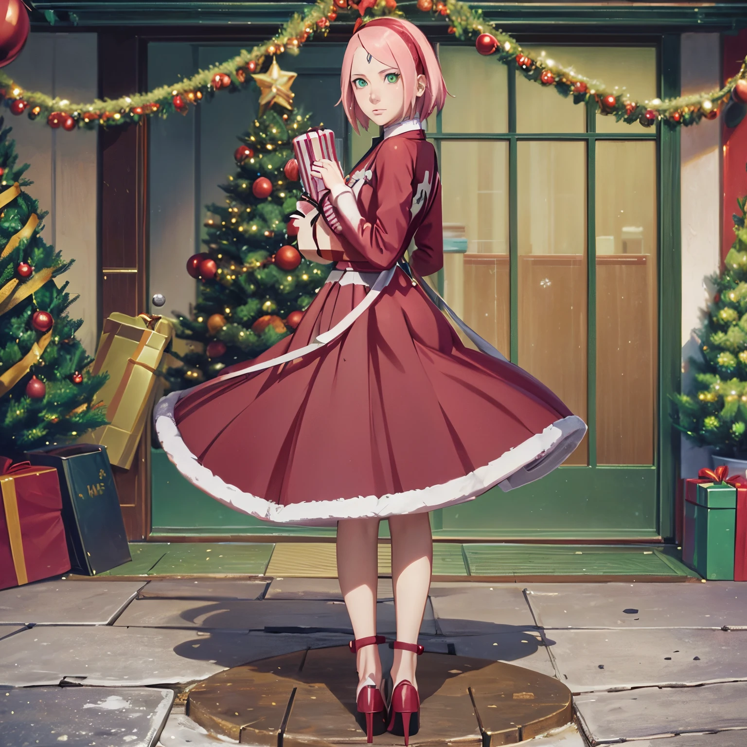 ((Full body):1.5), {1Woman}, Only {1Woman} ((costume (Christmas, holding a bag of gifts):1.3)))), {1Woman} ((looking at the viewer, with hateful look and face posing):1.3), ((Inside a house in front of a chimney with a large Christmas tree next to it)), anime, anime style, 16k, high resolution, ((best quality, high details):1.5), UHD, ((masterpiece)) sakura haruno from naruto, beautiful girl with green eyes