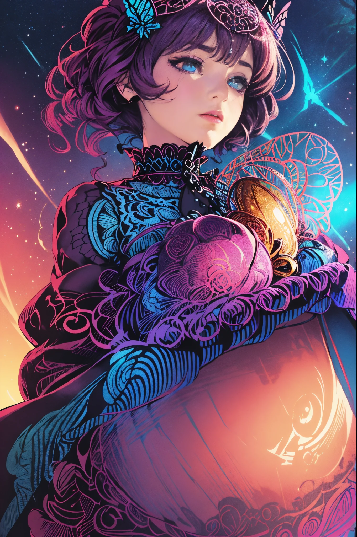 Butterfly motif、Magenta undertones、Vibrant colors、((masterpiece)))、(((top-quality)))、((ultra-detailliert))、(A hyper-realistic)、(highly detailed CGillustration)、Official art、Luxembourg in the early 20th century、Decadent、Madame Papillon、Cool Beauty、Masquerade、sophisticated menegance、Gorgeous、Colorful and detailed mask design、matchless beauty、Fans、gorgeous dress、jewely、Female Solo、Perfect Angle、perfect-composition