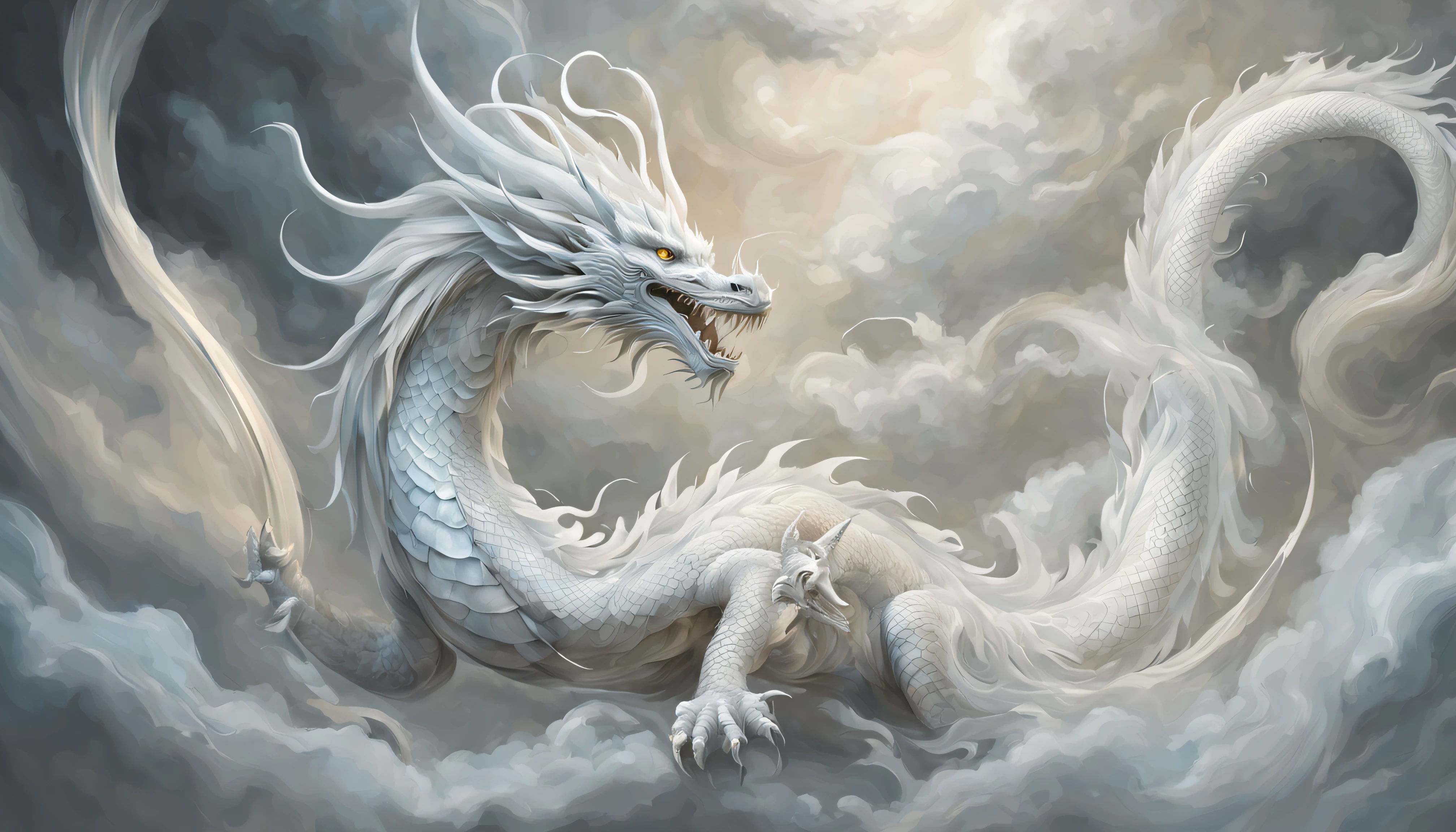 White Chinese dragon, Delicate curves, Ethereal negative space art, tranquil ambiance, ultra - detailed, A high resolution, extremly intricate, HighDynamicRange, physically-based renderingt, Delicate scales and texture, ancient and mythical, Mystic aura, Delicate tendrils, Extremely elegant, The presence of majesty, strong and calm, Dragon scales flash in the light, Intricate patterns, Rotating clouds, mythical creature, Guardians of Mythology, awe-inspiring, Otherworldly, Traditional calligraphy inspired brush strokes, masterful art, attractive beautiful.