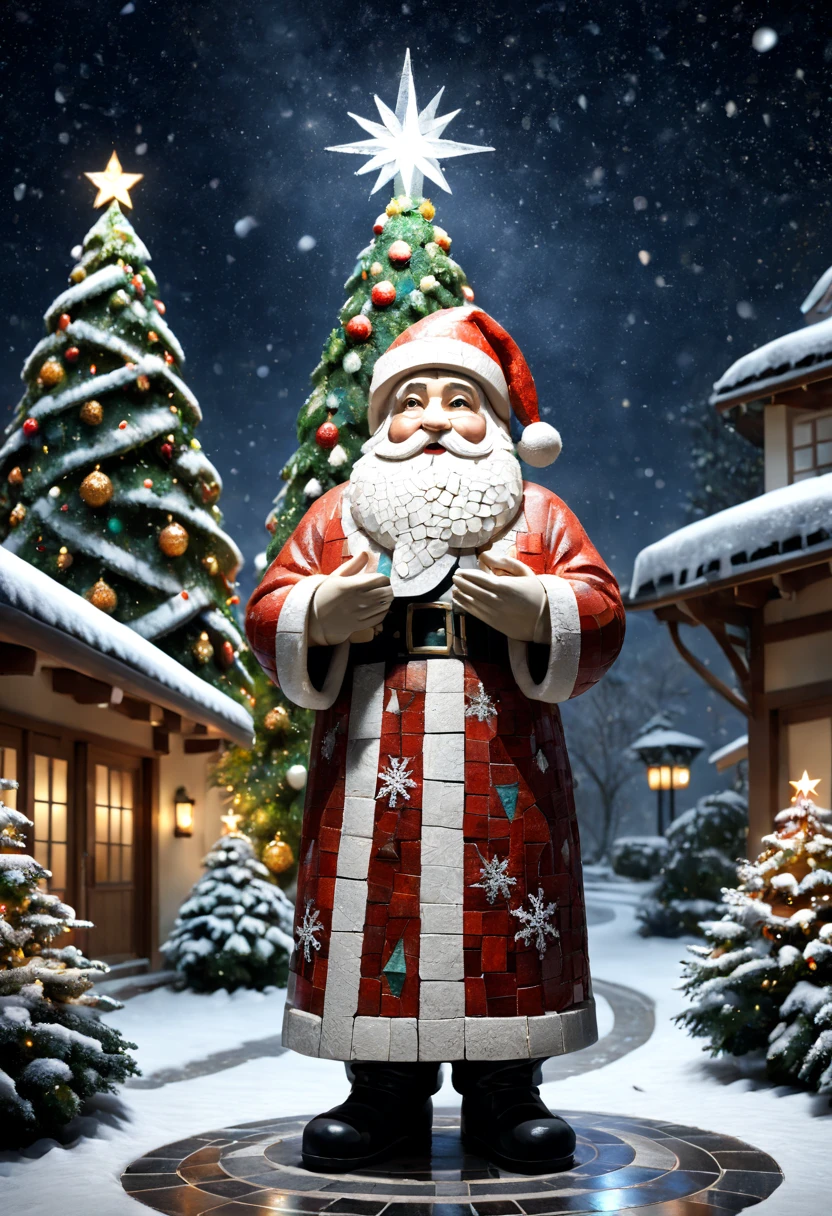 external garden, Mosaic Santa Sculpture, flagstone road, the night, hyper realisitc, [Christmas tree]，mirai, hyper realisitc, winter landscape，[Gentle snowfall]，artistic décor, concept-art, Three-dimensional future, lightand shade contrast, Ray traching, mosaic art, wide wide shot, Best quality at best, A high resolution, Award-Awarded, tmasterpiece, 4K