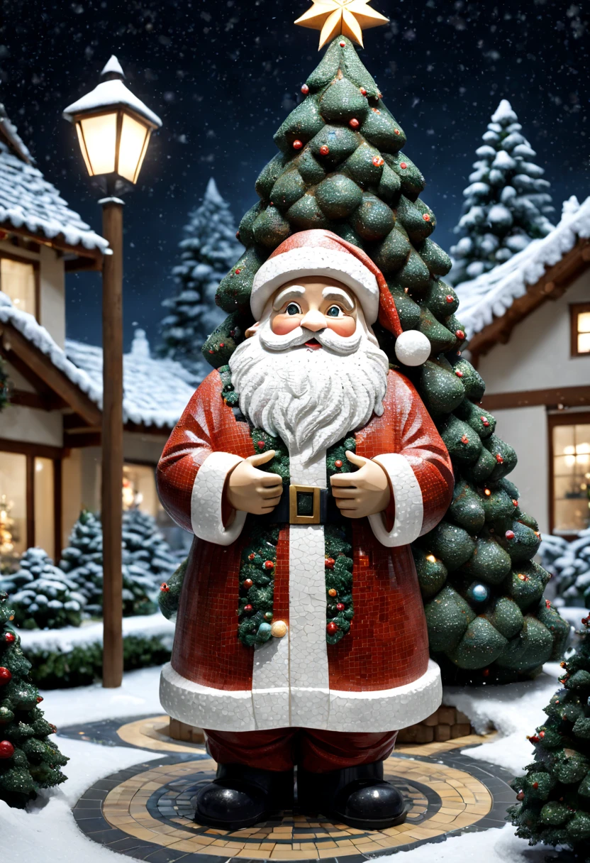 external garden, Mosaic Santa Sculpture, flagstone road, the night, hyper realisitc, [Christmas tree]，mirai, hyper realisitc, winter landscape，[Gentle snowfall]，artistic décor, concept-art, Three-dimensional future, lightand shade contrast, Ray traching, mosaic art, wide wide shot, Best quality at best, A high resolution, Award-Awarded, tmasterpiece, 4K