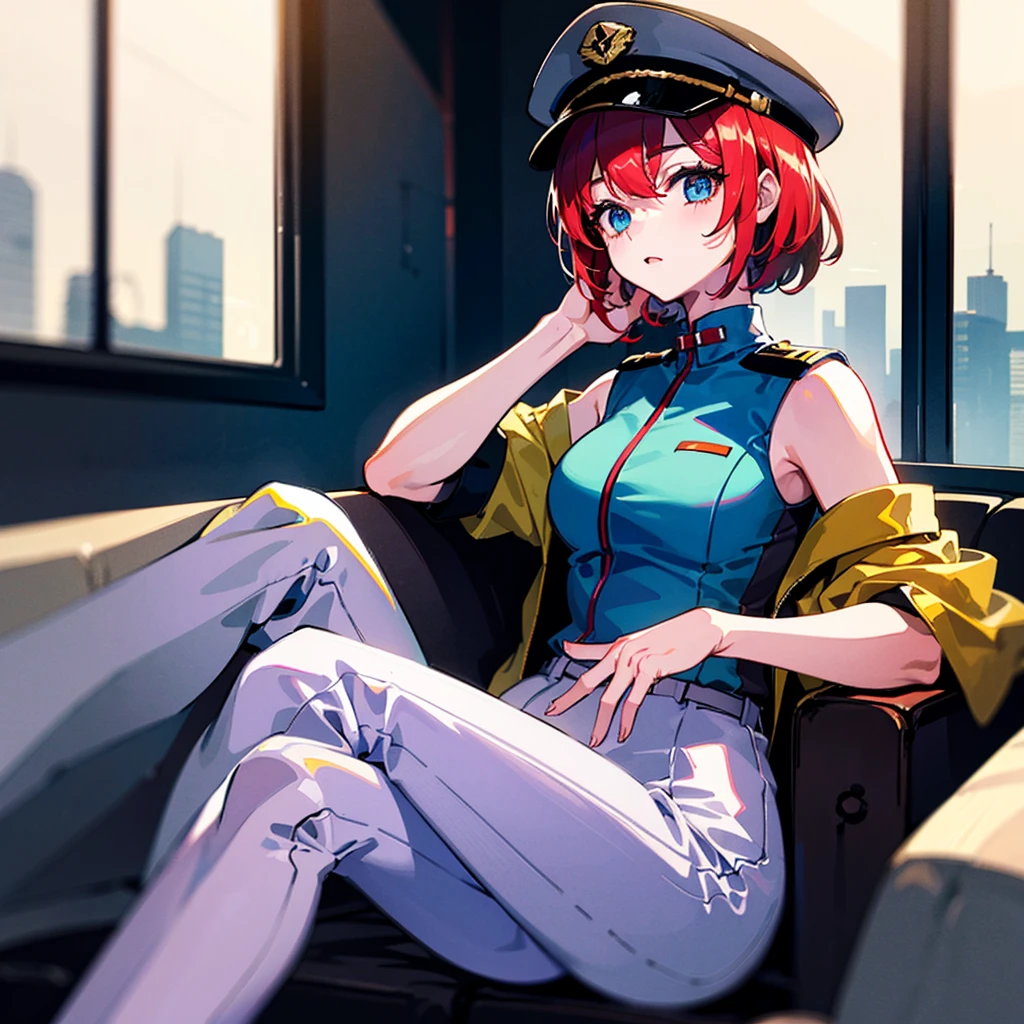 (((masterpiece)))、(((Top image quality)))、(((top-quality)))、(Illustration of one girl)、full bodyesbian、30-years old、Red-haired shorthair、(Thin hair hanging down both sides of the face)、Blue eyes、((Tall))、((Muscular and strong body))、((manspreading))、opening legs、((Military uniforms))、((Military Cap))、((Military coat))、(white clothes)、(White pants)、(White cap)、trench coat、((Inside the spaceship、Sitting in the captain's seat))、(Outside the window、kosmos、Earth seen from space、Spaceport)