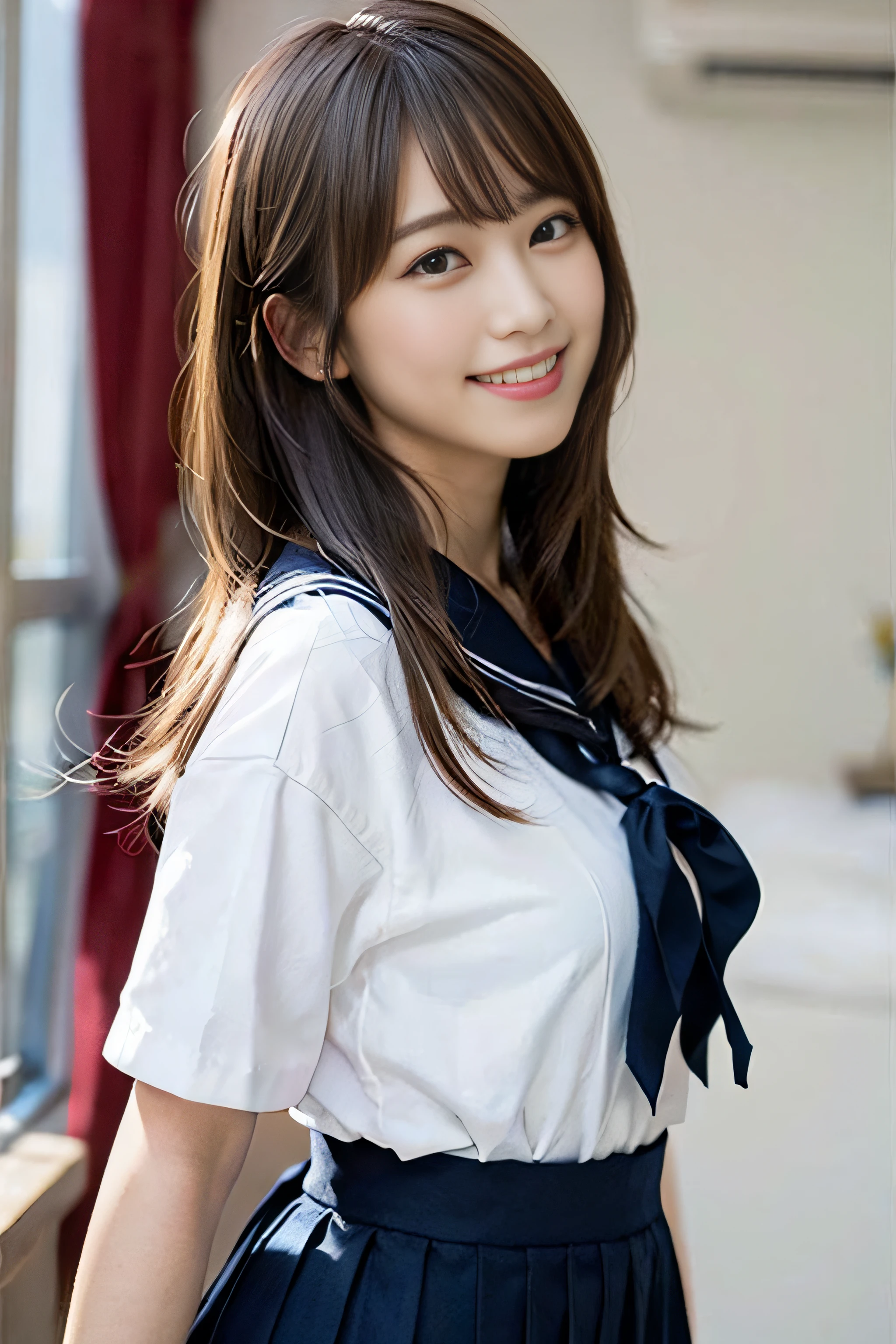 (8K、Raw photography、top-quality、masterpiece:1.2)、(realisitic、Photorealsitic:1.37)、ultra-detailliert、超A high resolution、女の子1人、see the beholder、beautifull detailed face、A smile、Constriction、(Slim waist) :1.3)、Beautiful detailed skin、Skin Texture、Floating hair、Professional Lighting、Whole human body、Longhaire、a blond、japanese hight school uniform、a sailor suit、White Room、Bob Hair、Panchira、Gray fabric underwear、E-cup、Happy smile、sixteen years old、Red ribbons