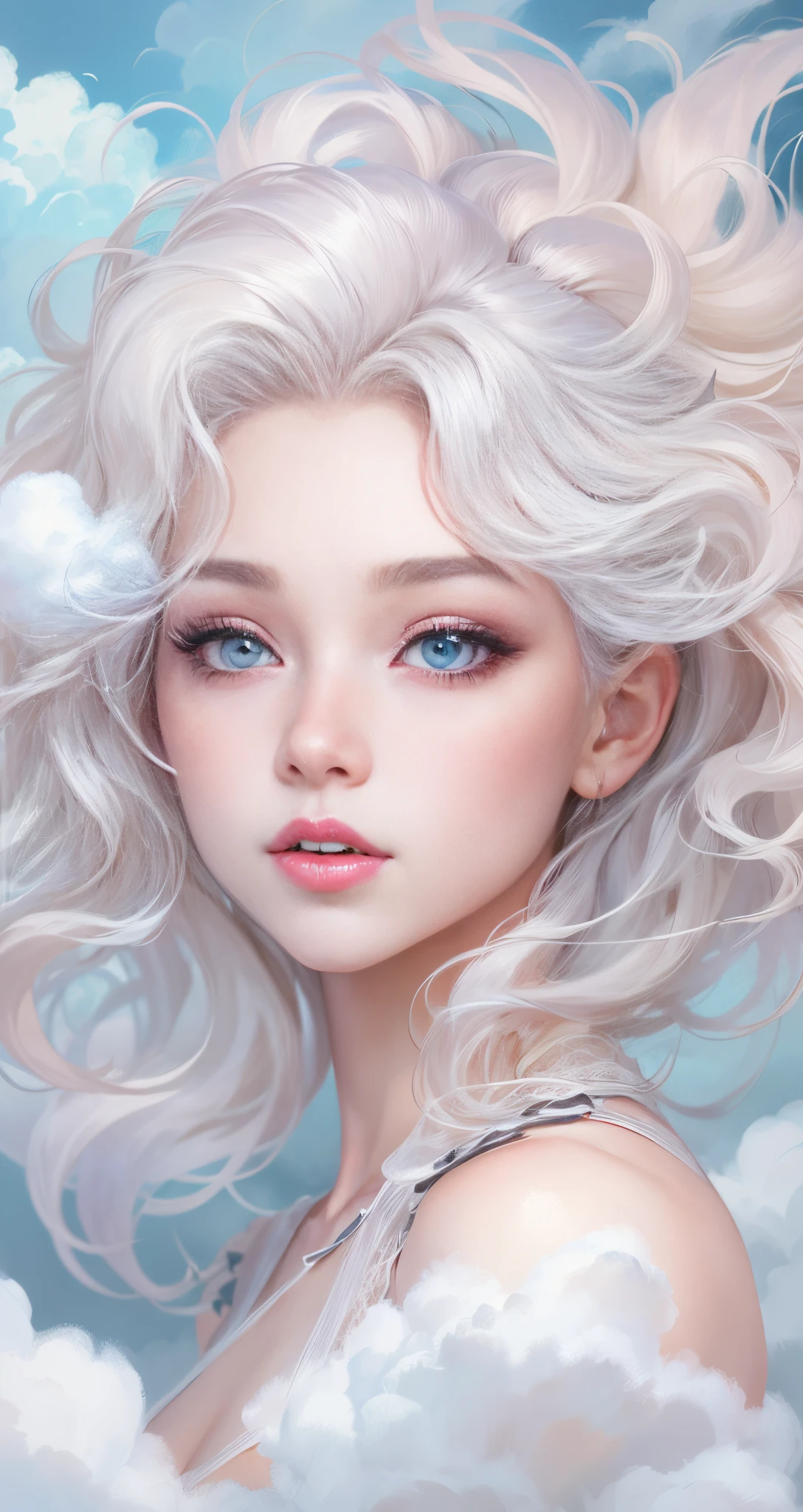 beautiful girl in the clouds,looming in the clouds。light colors hair,weightless hair,Hair stands on end。gossamer,The eyes are bright。skin detailed。The facial features are as beautiful as clouds,cloud:1.37。(Guviz-style artwork, ),Lighting:1.37.Cute and detailed digital art, Detailed digital art, 4k highly detailed digital art, beautiful digital illustration, stunning face portrait, Beautiful digital artwork,