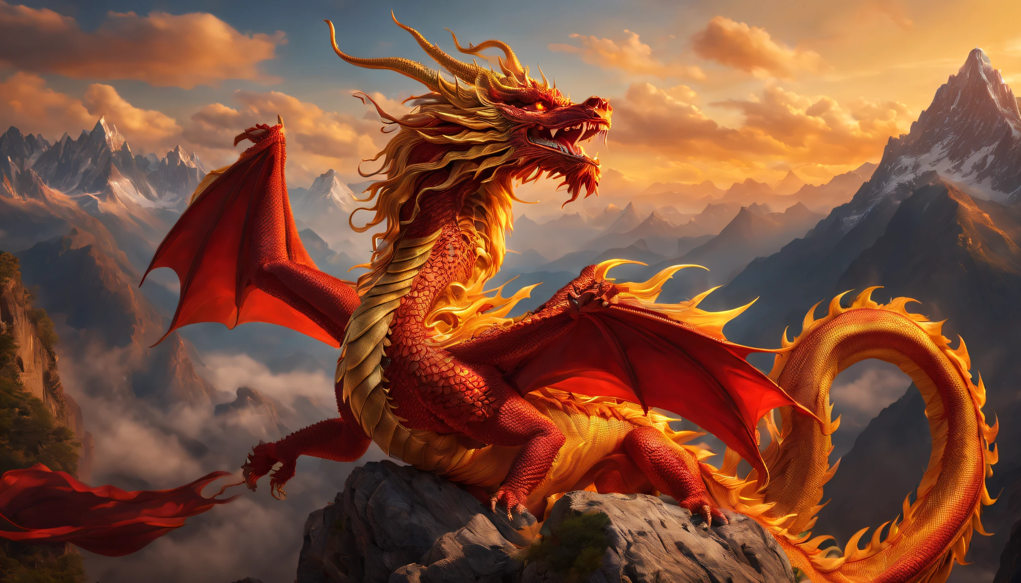 There a fiery red Chinese dragon in the sky,long,gold eyes,Curly and powerful dragon tail,mountain peaks,Vivid colors and intricate details,illuminated by soft golden light,(Best quality at best,4K,8K,A high resolution,tmasterpiece:1.2),ultra - detailed,actual