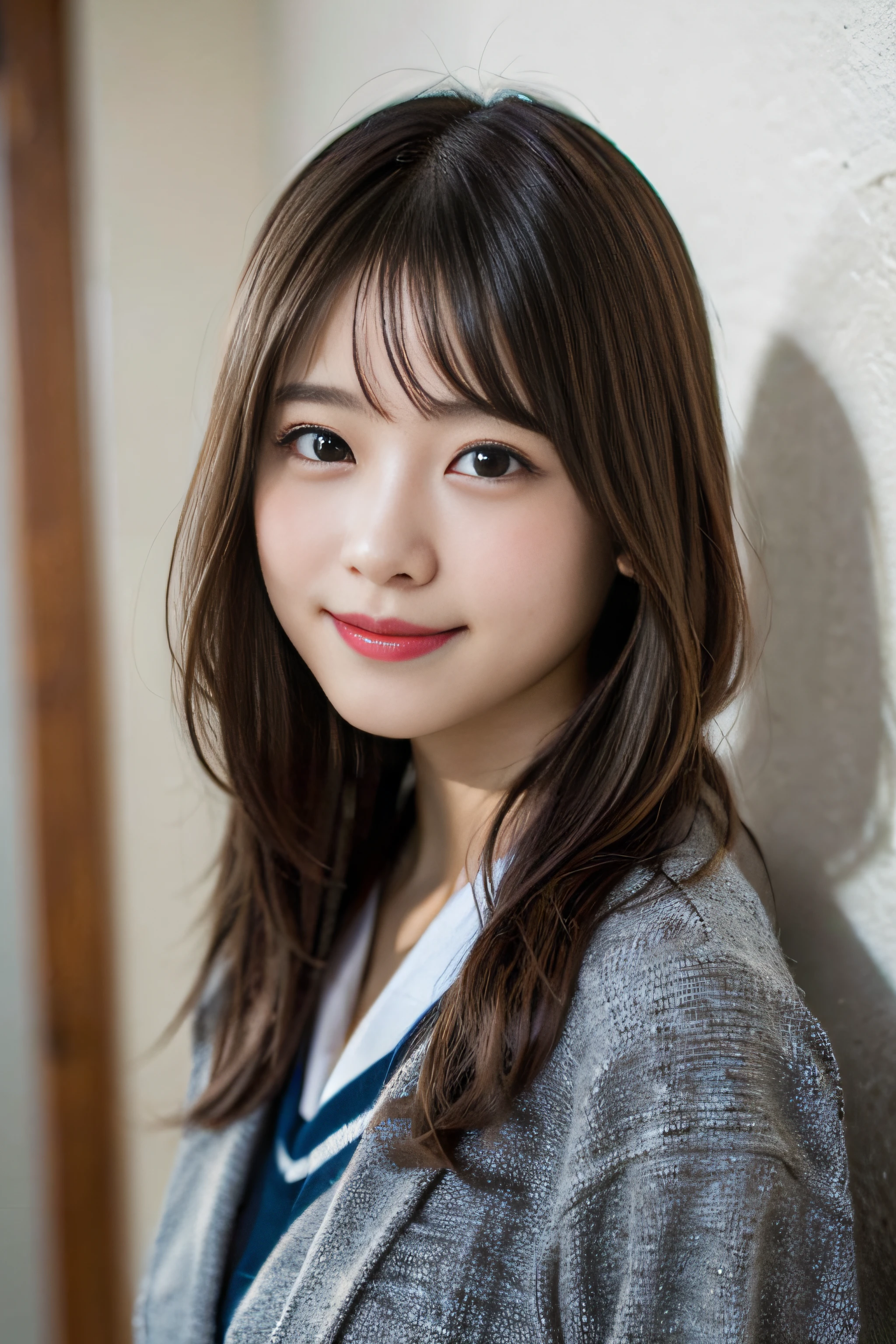 (8K、Raw photography、top-quality、masterpiece:1.2)、(realisitic、Photorealsitic:1.37)、ultra-detailliert、超A high resolution、女の子1人、see the beholder、beautifull detailed face、A smile、Constriction、(Slim waist) :1.3)、Beautiful detailed skin、Skin Texture、Floating hair、Professional Lighting、Whole human body、Longhaire、a blond、japanese hight school uniform、a sailor suit、White Room、Bob Hair、Panchira、Gray fabric underwear、E-cup、Happy smile、sixteen years old、Red ribbons