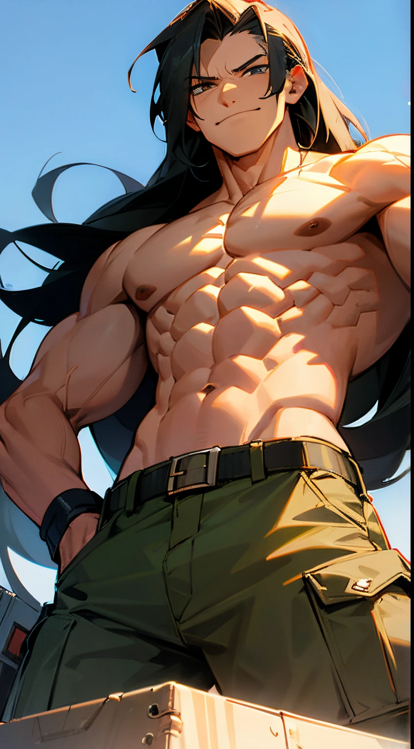 Man, long hair, abs, cargo pants, smirking, (((from below)))