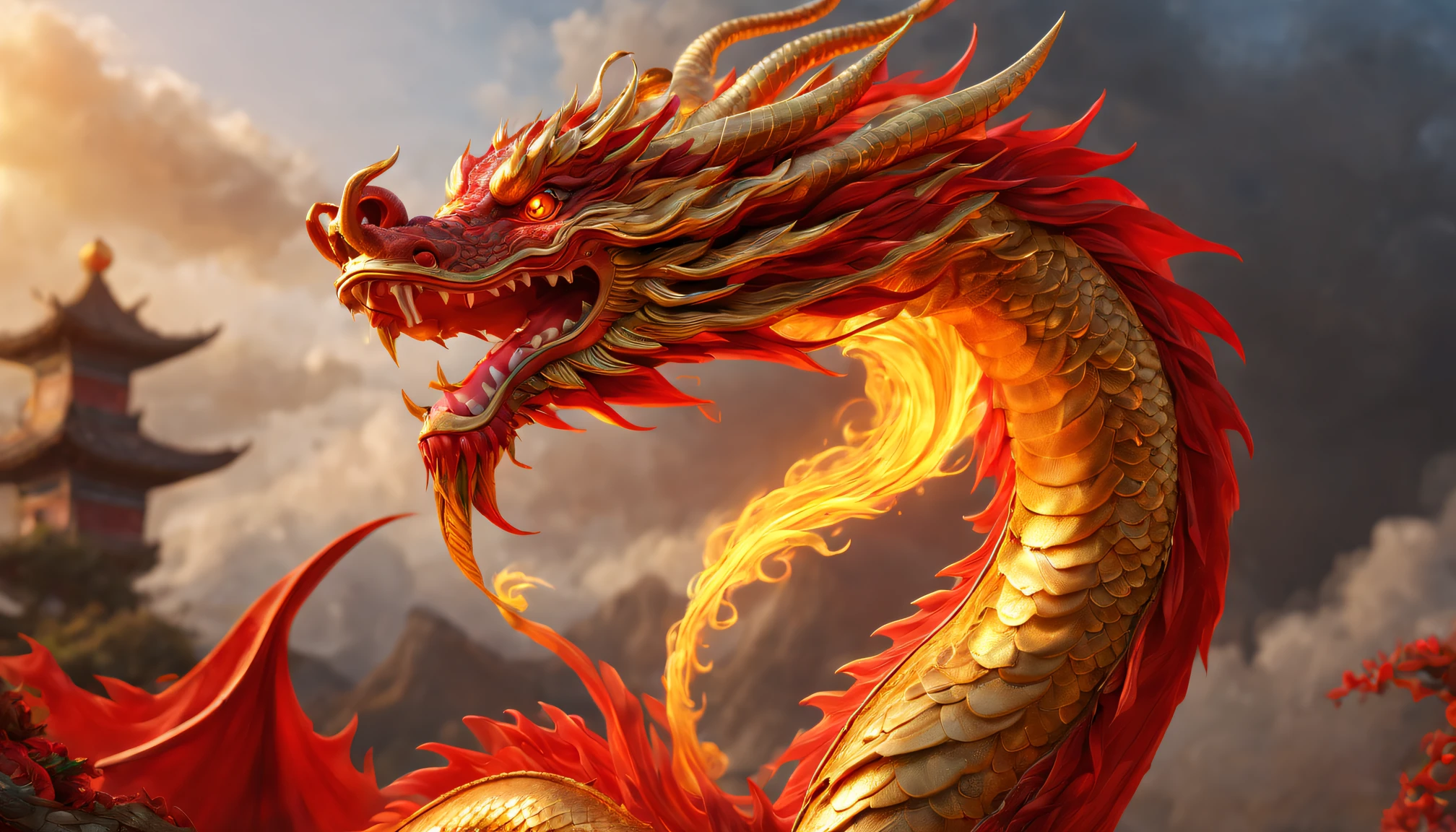 There  a fiery red Chinese dragon in the sky，long，gold eyes，Curly and powerful dragon tail，Vivid colors and intricate details，illuminated by soft golden light，(Best quality at best,4K,8K,A high resolution,tmasterpiece:1.2),ultra - detailed,actual