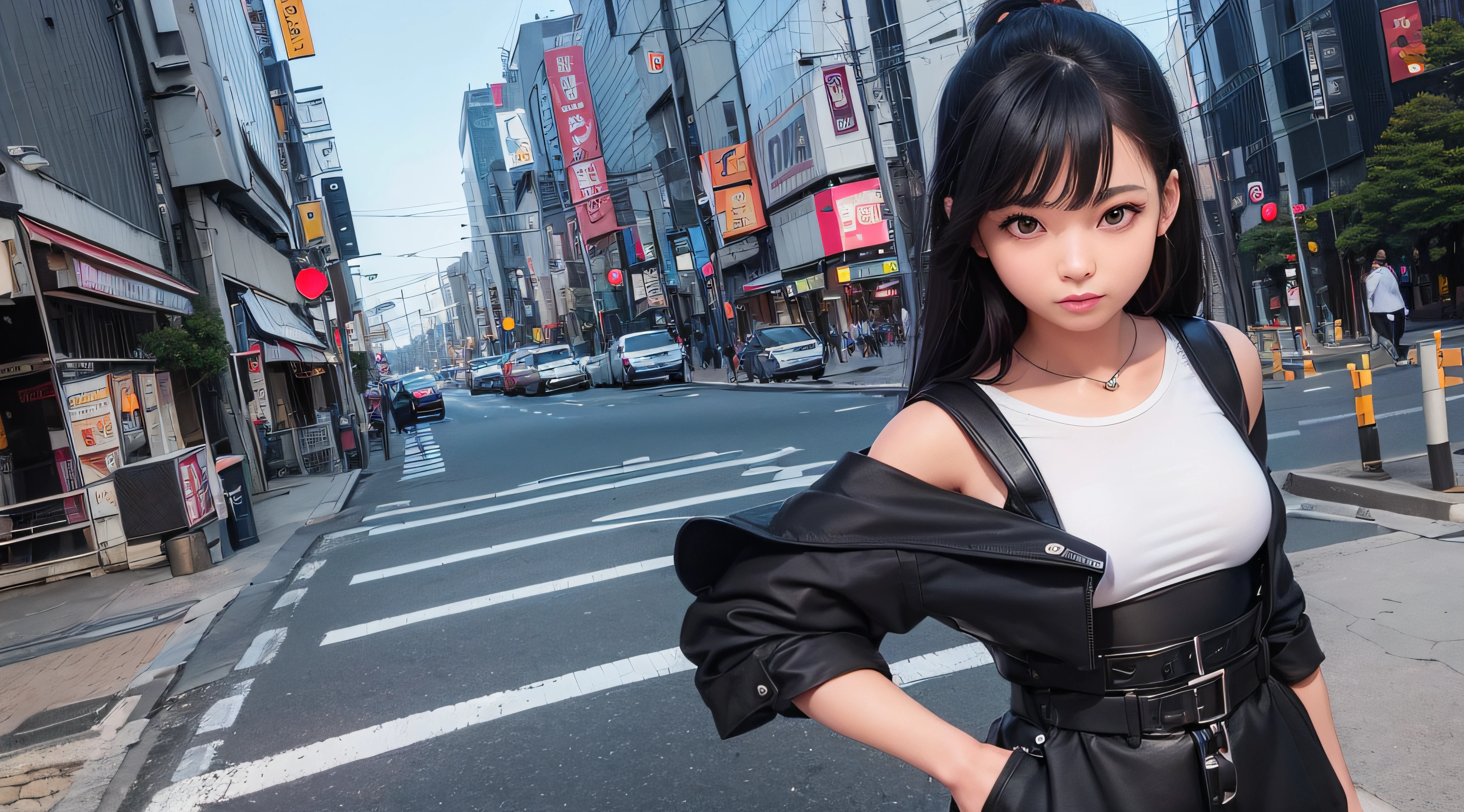(8k, Foto RAW, best quality, mastery:1.3),(Realistic,photo-realistic:1.37),(Noite),(Olhando para o Visualizador:1.331),(cabelos brancos),Posando,Tokyo street,Paisagem noturna da cidade,CIDADE CYBERPUNK,luz suave, 1girl, rosto extremamente bonito, perfect body proportions, focal length, busto, penteado casual, sorrir, olhos grandes, (mangas curtas JK_camisa), JK_Estilo, (Marinha JK_saia), (arco JK_amarrar), mistura4, Olhos detalhados