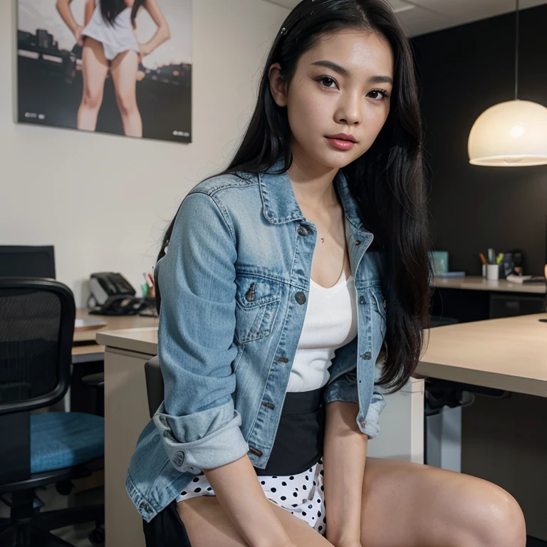 A ite Thai girl with white skin, single eyelids, red lips, long straight black hair, she wore pink underwear and a faded denim jacket. She sits in the office. Wearing a short black skirt with white polka dots. and showing off her beautiful legs The artwork is of the highest quality with 1080p resolution, realistic style, and bright colors. The lighting creates a professional atmosphere in the office.