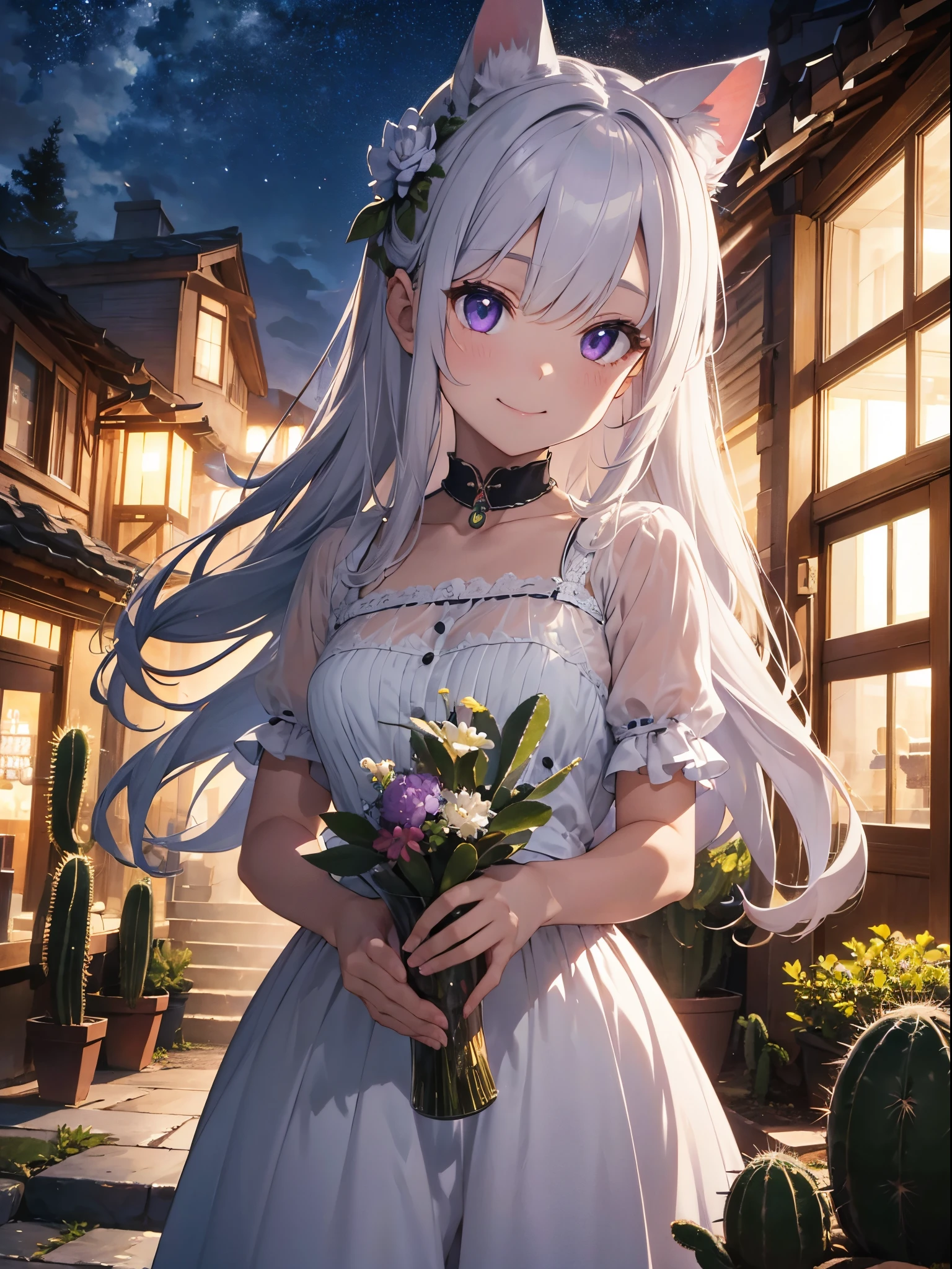 tmasterpiece, 
best qualtiy, ultra - detailed, realisticlying, 
Very delicately beautiful, 
succulent garden, 
depth of fields, 
profetional lighting,many cactus flowers々、white  hair、lilac hair eyes、A smile、、Cat's ears、Long sideburns、cactus flower hair ornament、holding a vase containing a flowering cactus、hair that hides human ears、nighttime scene