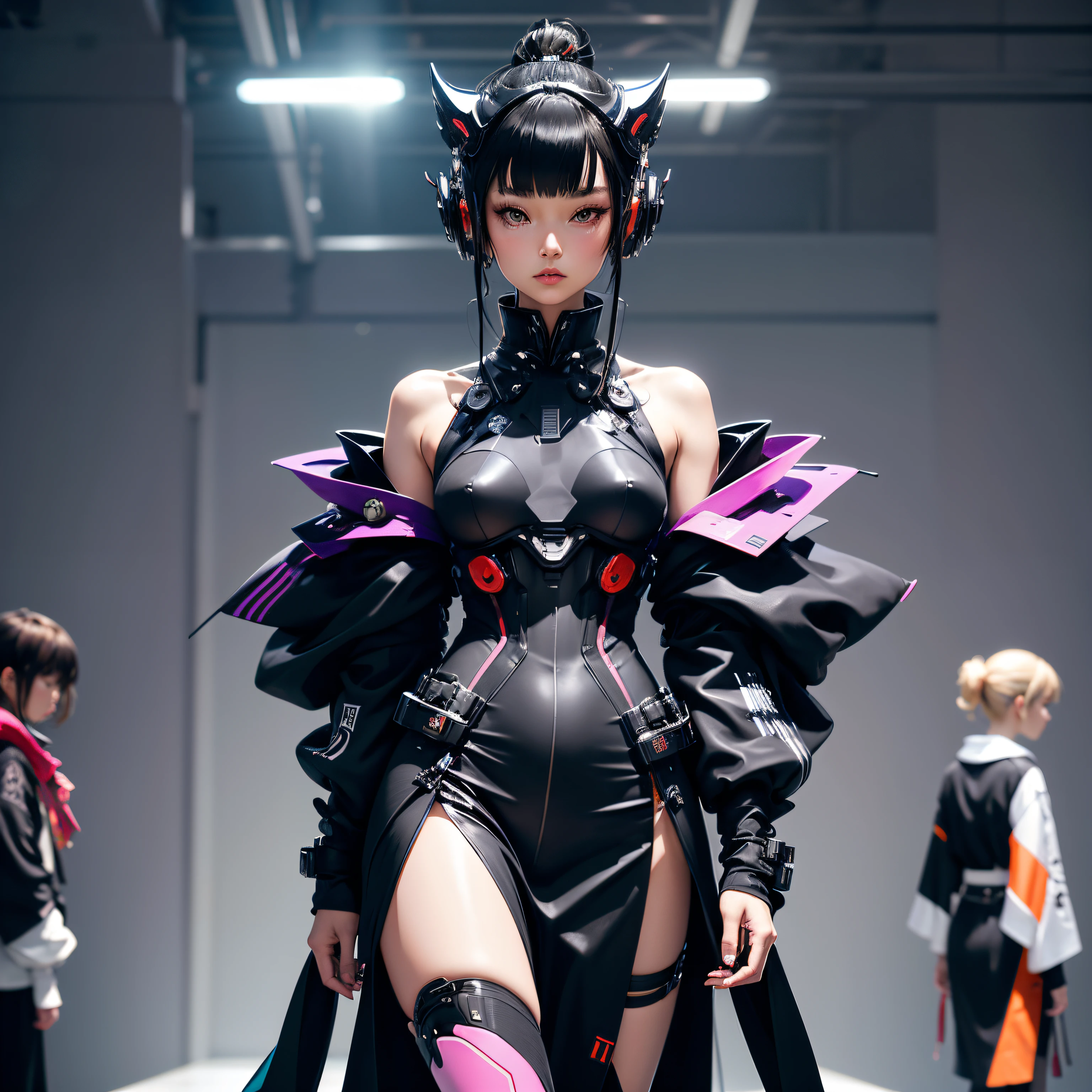 In this futuristic scene, Japan fashion、Embraces a whole new level of innovation and style. The model confidently runs on the runway with struts, Avant-garde designs that push the boundaries of fashion. Asymmetric cut, Geometric patterns, Bold color combinations are、Creates a visually captivating aesthetic.

Clothing materials are、It's a fusion of Japan's traditional textiles and high-tech fabrics., As a result、Visually beautiful、Highly functional garments are born. Bright kimono-inspired printixed with sleek metallic accents, Create a unique juxtaposition of traditional and futuristic elements.

The model  male。

The runway itself  a futuristic masterpiece, Holographic projection to create an immersive environment. Lighting  dynamic, Shifts and pulsates in time with the music、Creates a captivating visual experience.

When a model walks on the runway, The audience  fascinated by the sheer creativity and originality of the design. Japan fashion、It has evolved into a presence to be reckoned with on the world stage, Pushing the boundaries、Inspire the next generation of designers.

The atmosphere  electric with excitement and anticipation, As fashion lovers from all over the world gather to witness cutting-edge creations. This futuristic vision of Japan fashion、While embracing the infinite possibilities of the future、Showcasing the country's rich cultural heritage.