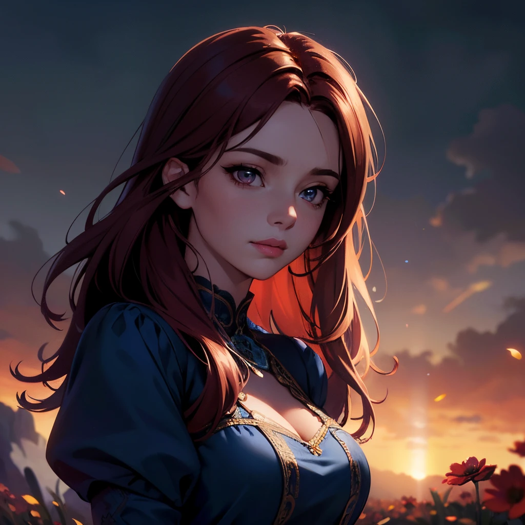 masterpiece, best quality, (colorful), cinematic lighting, extremely detailed CG unity 8k wallpaper, beautiful detailed face, an extremely delicate and beautiful, (dynamic angle:1.1), flower field setting, dark red hair, 30yo woman, blue dress, happy, soft, masterpiece, volumetric light, best quality, complimentary colors, dramatic lighting, intricate details, subsurface scattering,